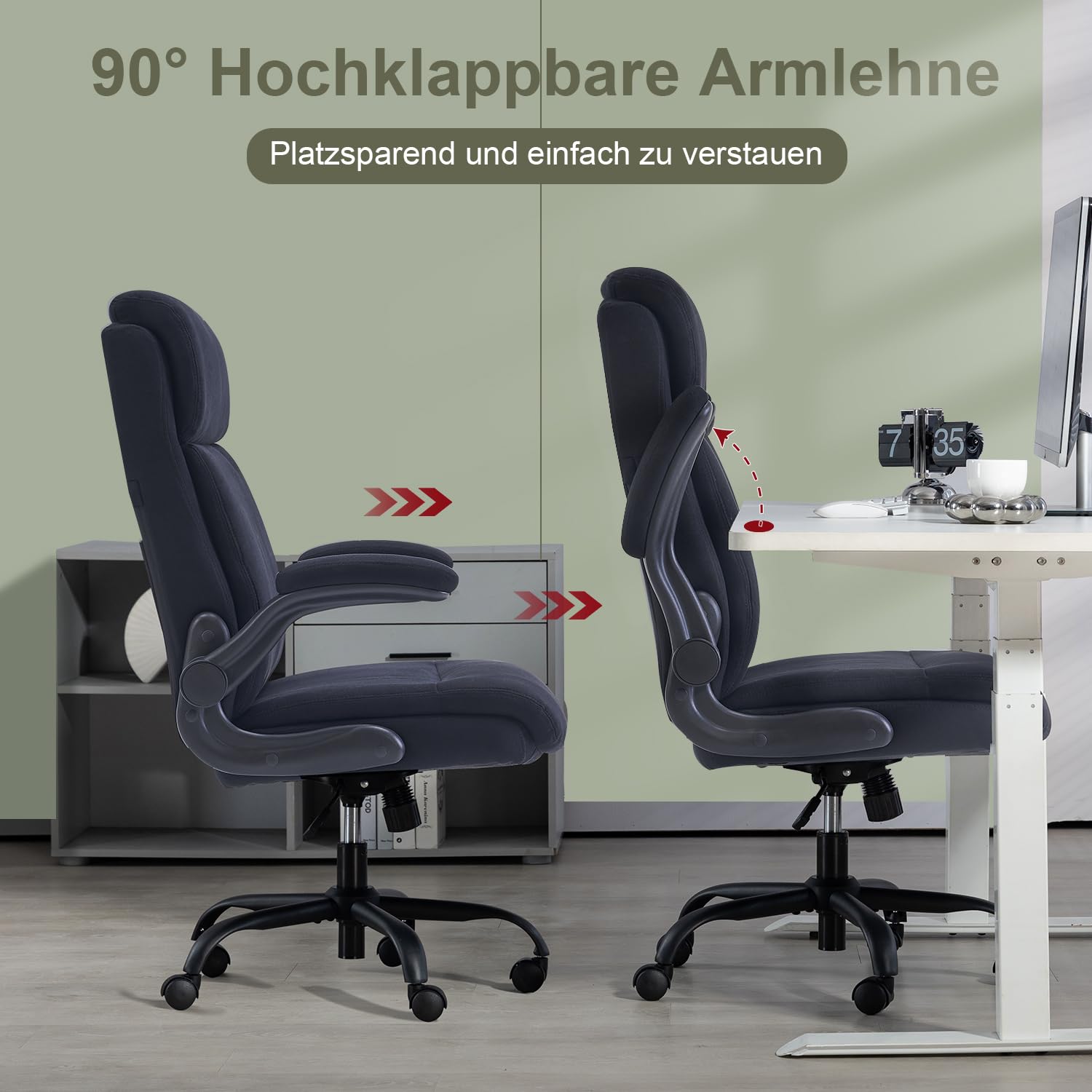 CASTLOVE Ergonomischer Bürostuhl - Schreibtischstuhl mit Rückenlehne - Hochklappbare Armlehne - Hohe Rückenlehne - Höhenverstellbar - Wippfunktion (Bürostuhl Stoff Schwarz Max. 150 kg)