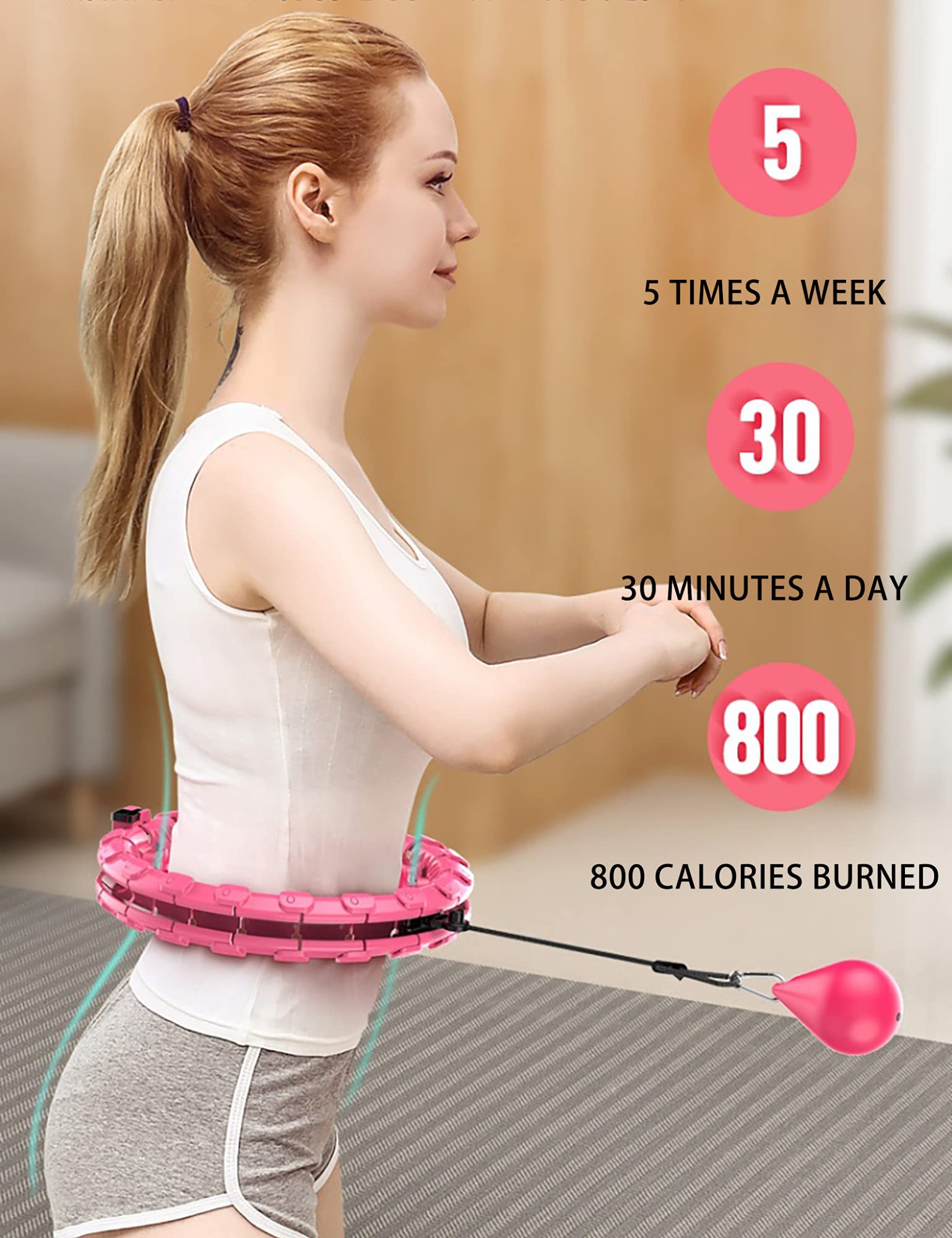 Smart Hula Hoop, 2 in 1 Bauch Fitness ÜBung Massage Hu-la Hoop Reifen, mit 360 Grad Automatisch Drehendem Ball, FüR AnfäNger Kinder Erwachsene/Rosa / 19 Knots