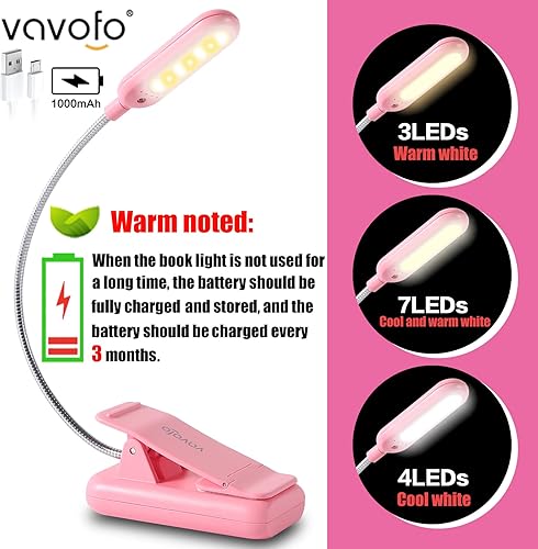 Miniatura 3 de VAVOFO Luz de libro recargable para leer en la cama para niños, 7 luces LED de lectura con 9 niveles de luz blanca fría cálida, lámpara de cuidado