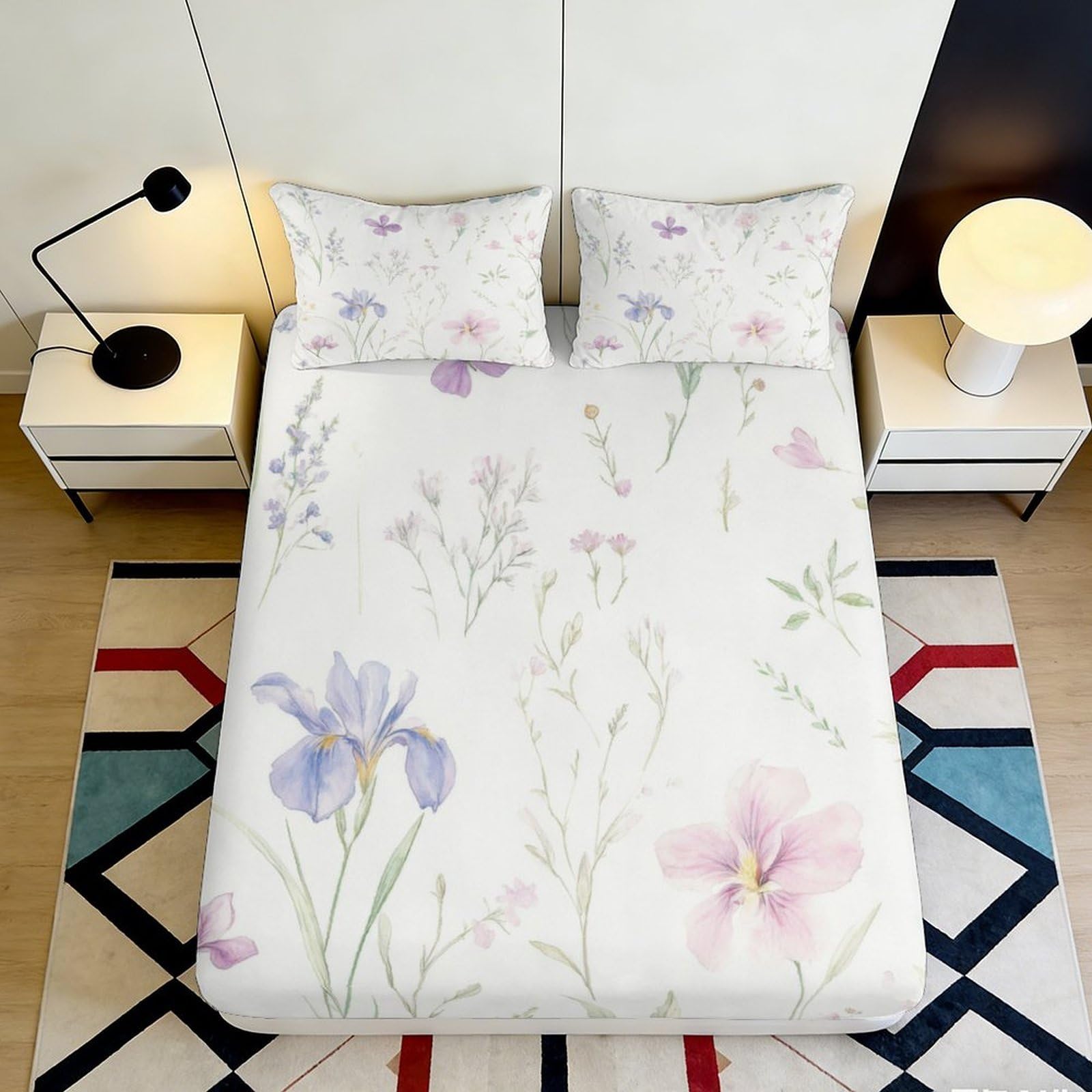 3D Printed Watercolor Wildflower Fitted Sheet Microfiber Soft Floral Meadow Mattress Cover for Bedroom Guest Room Decor 200x200x25cm