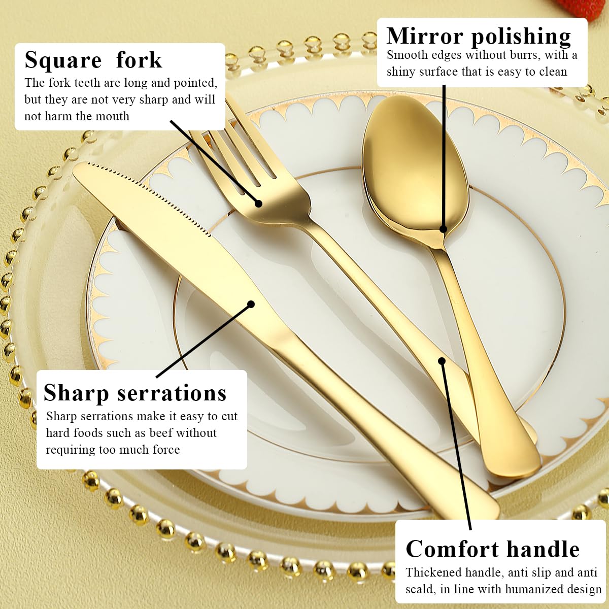 Set di posate in oro 60 pezzi Servizio per 20, coltelli in acciaio inossidabile Set di forchette per cucchiaio, feste, eventi, casa, regalo per il Ringraziamento