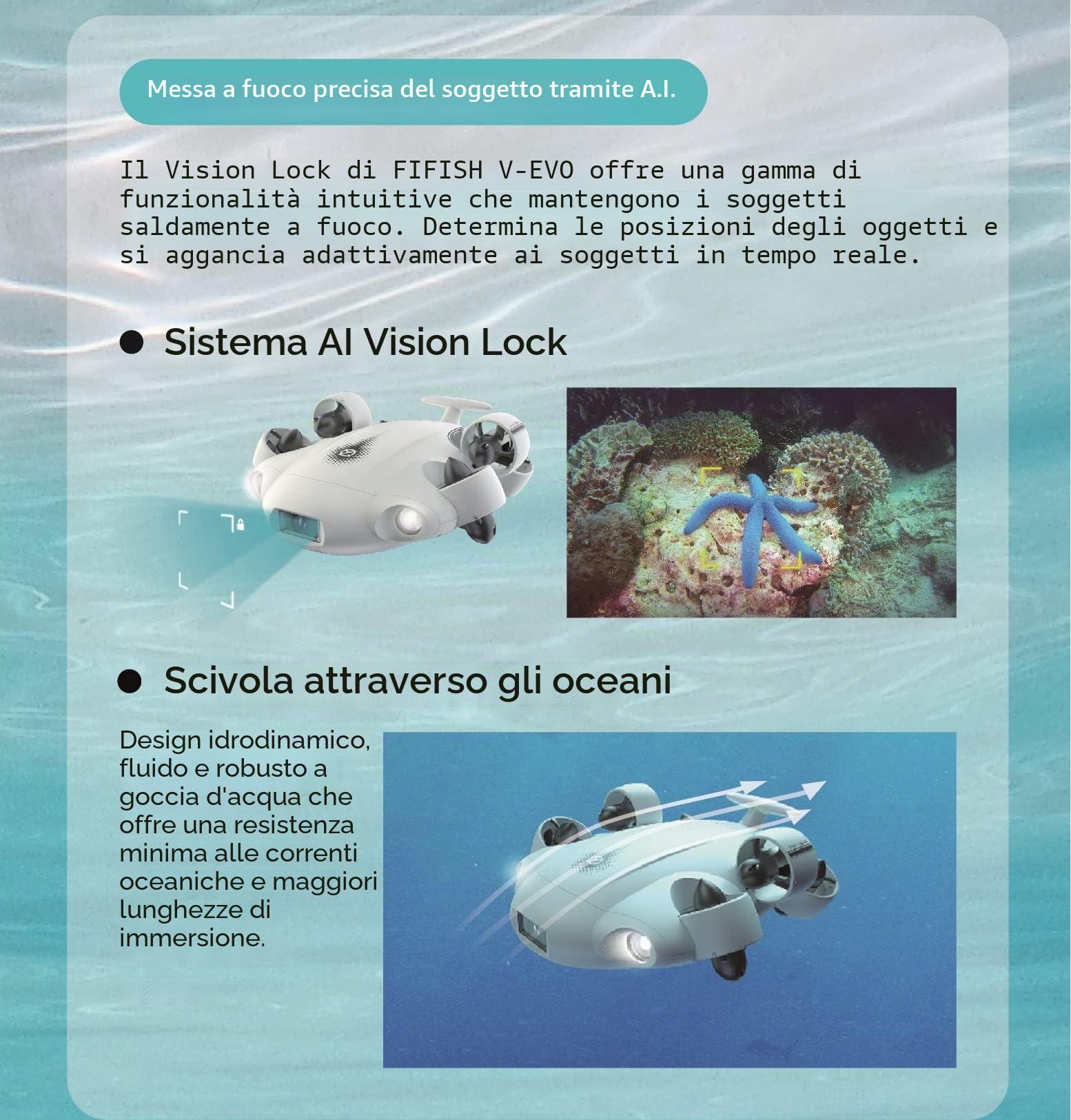Drone subacqueo FIFISH V-EVO 4K con braccio robotico, blocco di visione AI Vision Lock, movimento omnidirezionale a 360°, immersione subacquea fino a 100 m, ROV