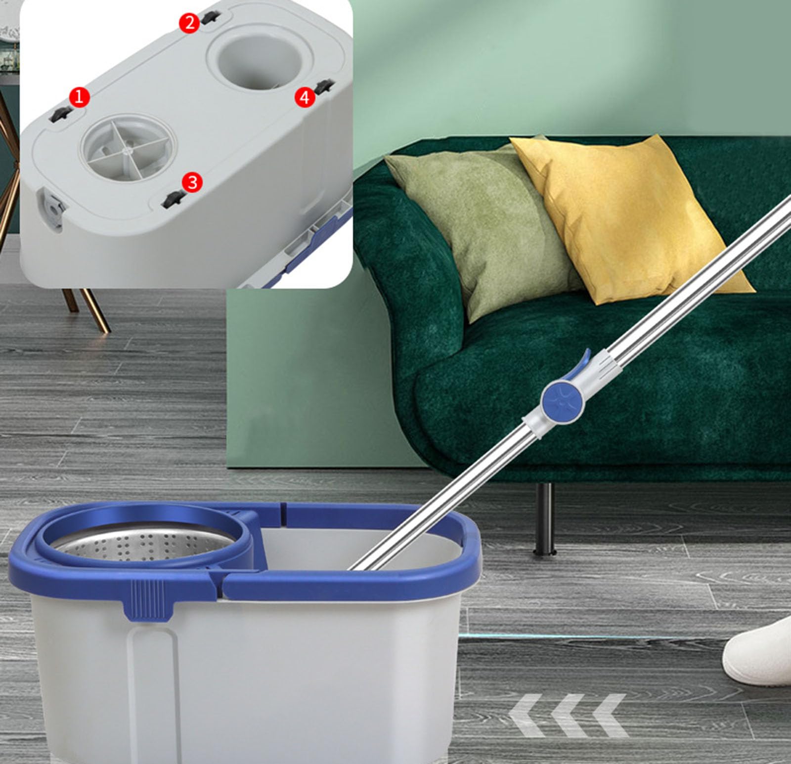 Trapeador Giratorio y Cubo con Juego de escurridor, Sistema de Cubo Giratorio de 360° con 4 Cabezales de Repuesto de fregona de Microfibra y Mango Ajustable de Acero Inoxidable,A