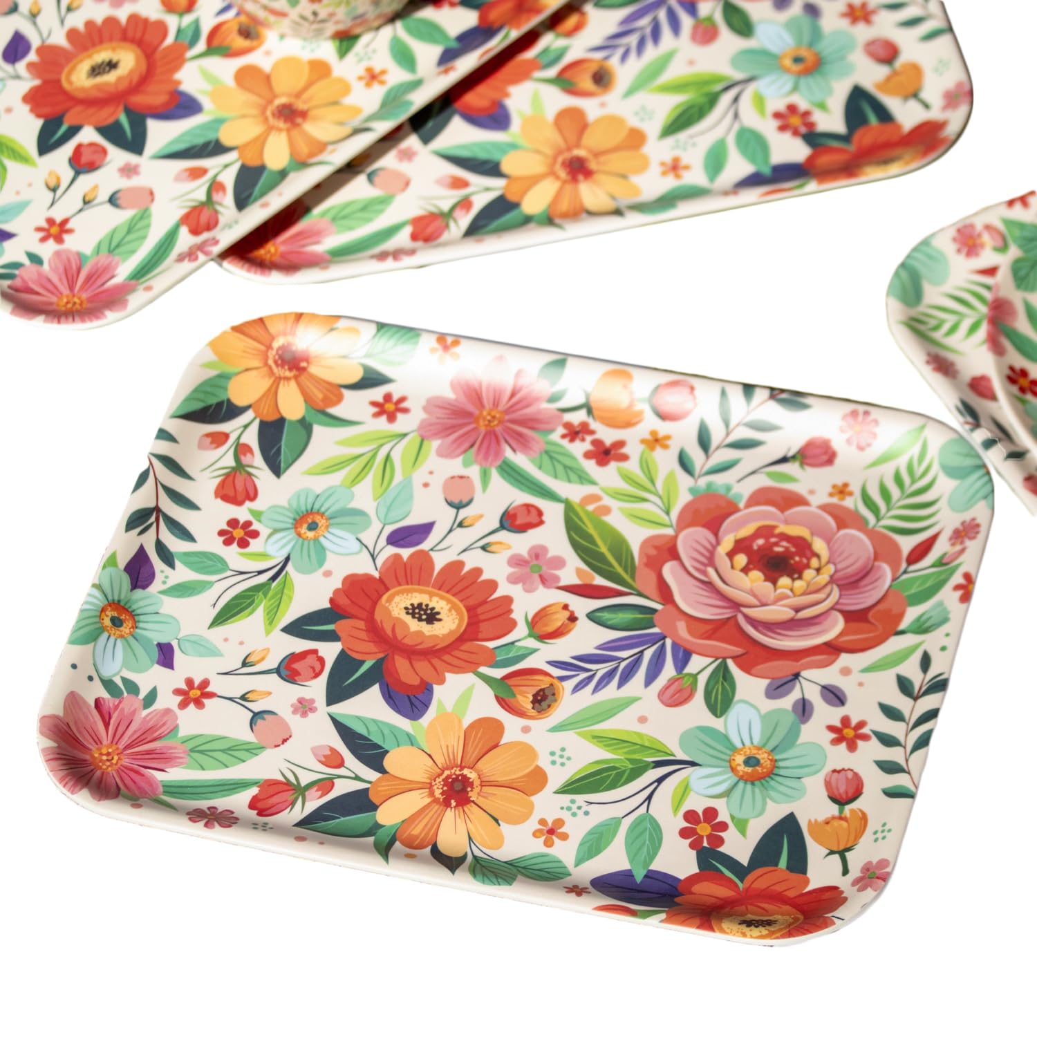 Set of 4 Melamine Floral Serving Trays, Multicoloured, Shatterproof, 36.5 x 28.5cm, for Outdoor Dining and Picnics
