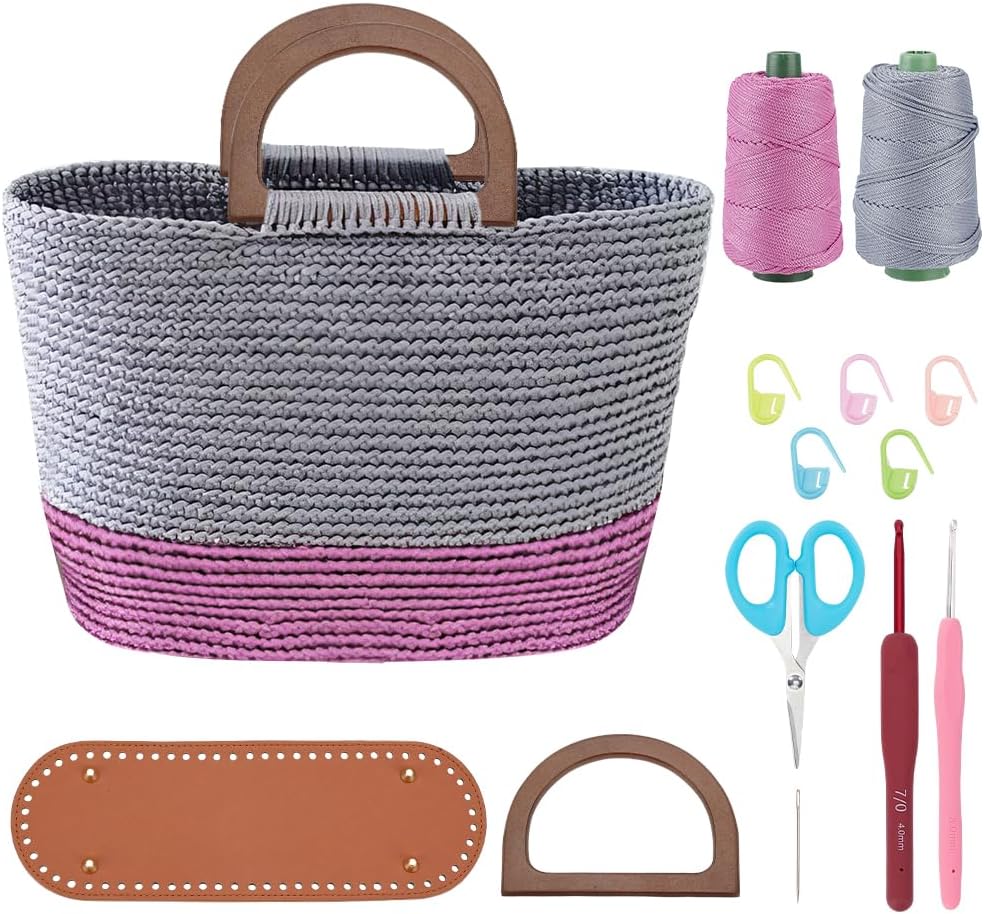 ACRNIGHEET Crochet Bag Kit for Beginners with Leather Bottom Advanced Crochet Kit Handbag Knitting Making Kit with Step-by-Step Video Tutorials Learn to Crochets Kits for Birthday Gift