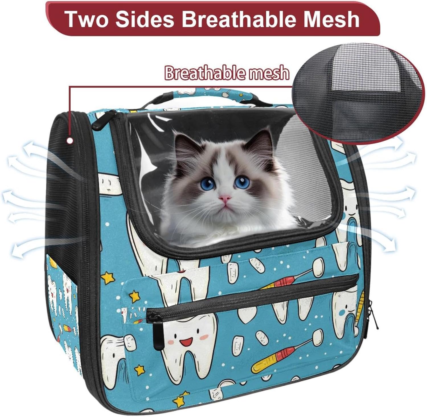 Cute Teeth Pet Carrier Airline Approved Soft Sided Portable Cozy Travel Pet Bag, Car Seat Safe Carrier for Cats and Dogs