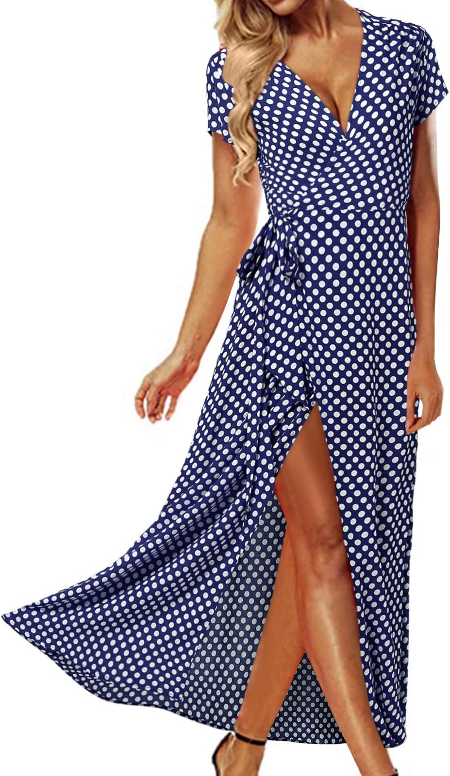 ACHIOOWA Women Maxi Dress Boho Long Wrap Dress Deep V Neck Casual Dot Polka Summer Dress Spilt Beachwear Cover Up Prom Dresses
