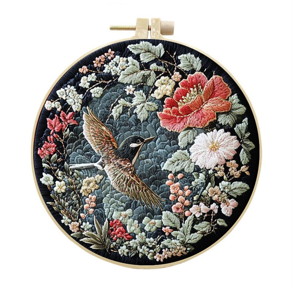 Meecaa Hummingbird Flower Animal Embroidery Kit Starter Set, Hand Embroidery Set,Pattern Printed Cross Stitch Set for Beginner Adults, with Embroidery Hoop and Instructions (Hummingbird)