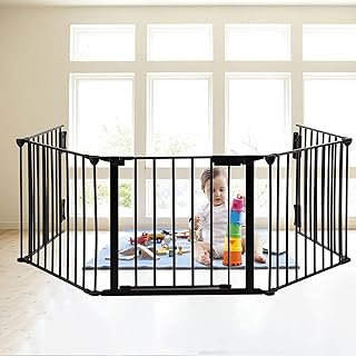 SOSPIRO 118inch Extra Wide Black Baby Gate with Door, Metal Long Baby Fence, Tall Pet Dog Gates for House Stairs Doorways,10ft Child Safety Fence Fireplace Christmas Tree,Indoor Outdoor, 5-Panel