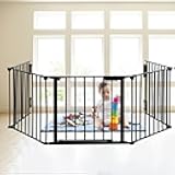 SOSPIRO 118inch Extra Wide Black Baby Gate with Door, Metal Long Baby Fence, Tall Pet Dog Gates for House Stairs Doorways,10ft Child Safety Fence Fireplace Christmas Tree,Indoor Outdoor, 5-Panel