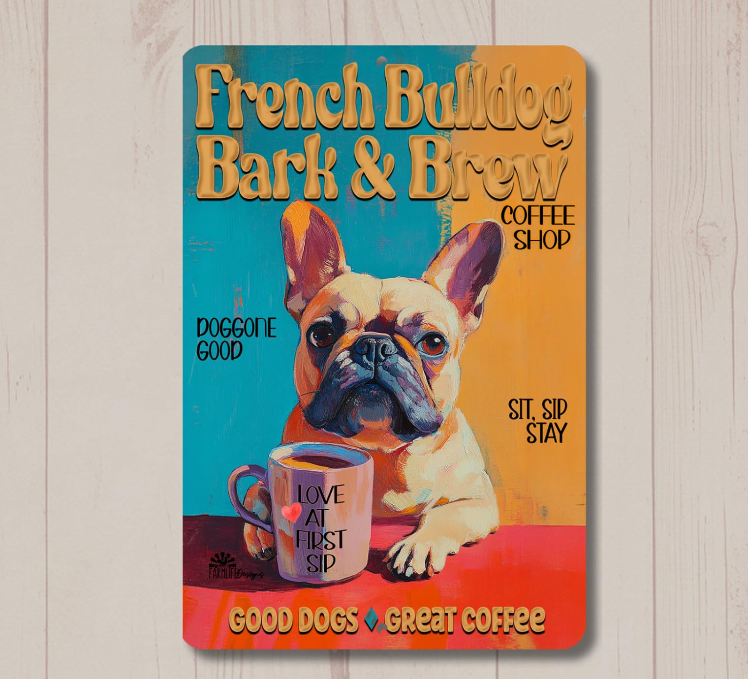 French Bulldog Coffee Bar Sign Bark & Brew bull dog funny metal tin kitchen gift home decor