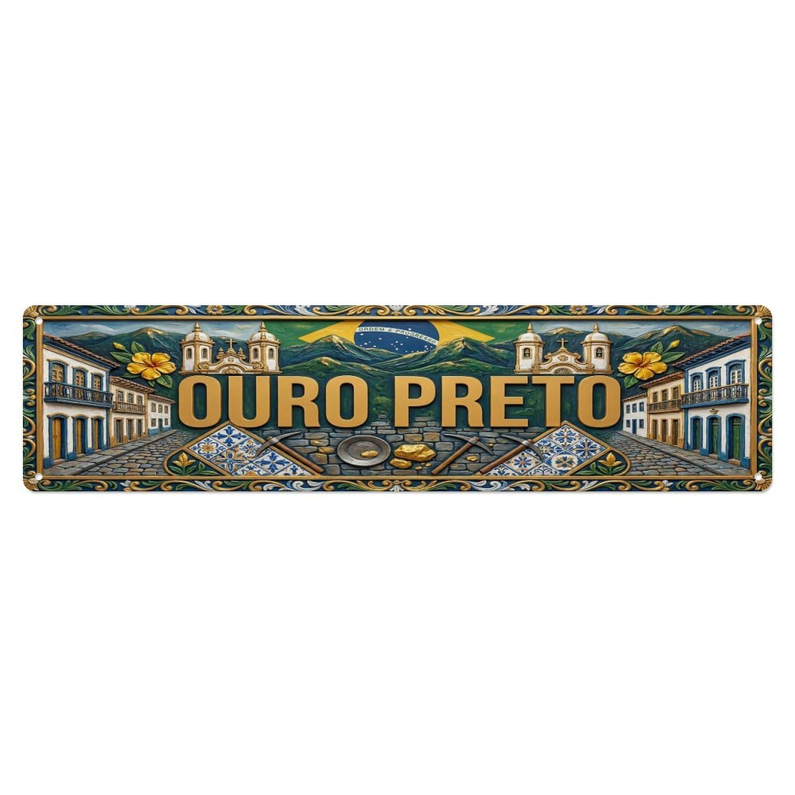 Cwbufd Vintage Style Vintage Ouro Preto Brazil Flag Pattern Vintage Metal Tin Sign Plaque Wall Decor For Cafe, Club Bar, Office, Garden Metal Poster 4X16inch