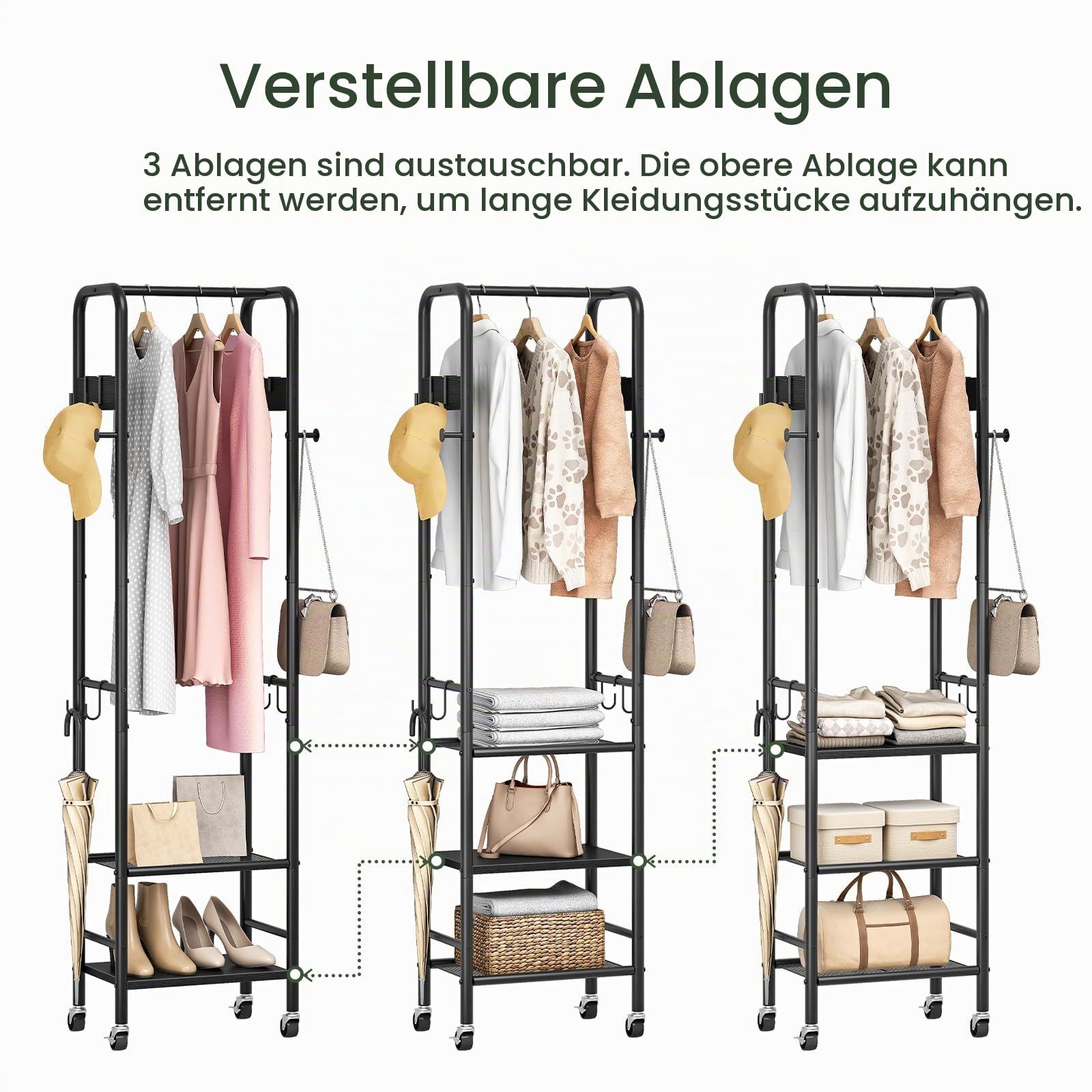 CHOEZON Garderobenständer, Mobiler 3-stöckiger Kleiderständer, Garderobe mit 4 Rollen, Garderobe Schmal, mit Schuhablage, für Flur, Schlafzimmer, Kleiderschrank, Wohnzimmer, Schwarz DTYM17BB