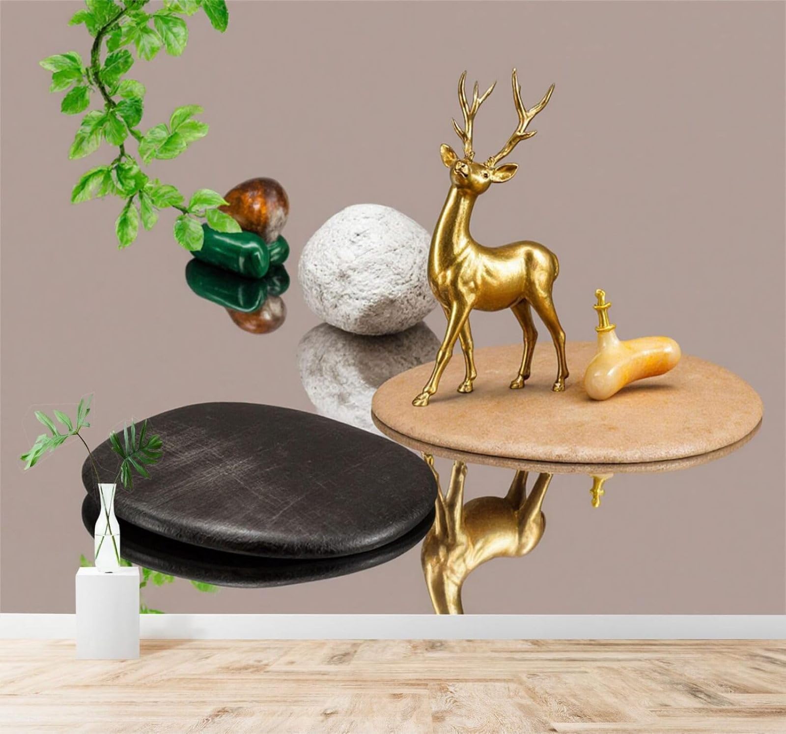 Tzxztt Golden Deer Stones Green Foliage Minimalist Nature Art Modern 3D Wallpaper Premium Textured Silk Neutral Tones Material Ideal for Living Room Bedroom-350cm×256cm