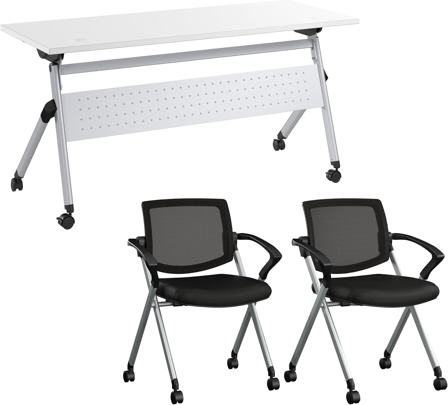 Bush Business Furniture Folding Training Table Set for 2, 72 inch, 2 Mesh Back Folding Chairs with Arms, Commercial-Grade Bundle for Office or Classroom, Envision Collection, Gray