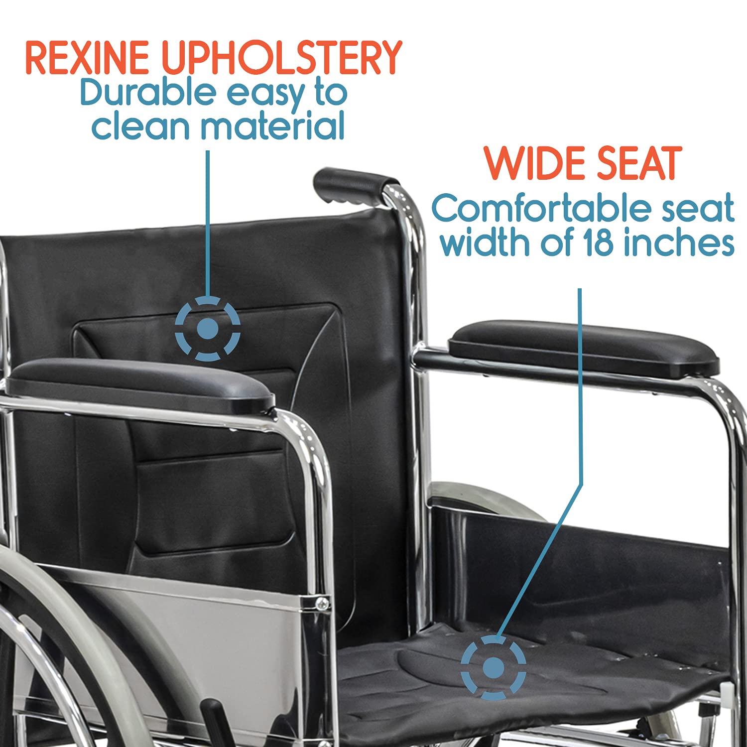 KosmoCare Dura Rexine Doli Wheelchair | Heavy-Duty Steel Frame | Chrome Plated Coating | Rexine Upholstery Seat | Extendible Rods | 24” Rear Wheels | PVC Front Casters | Foldable Design - Image 4 thumbnail