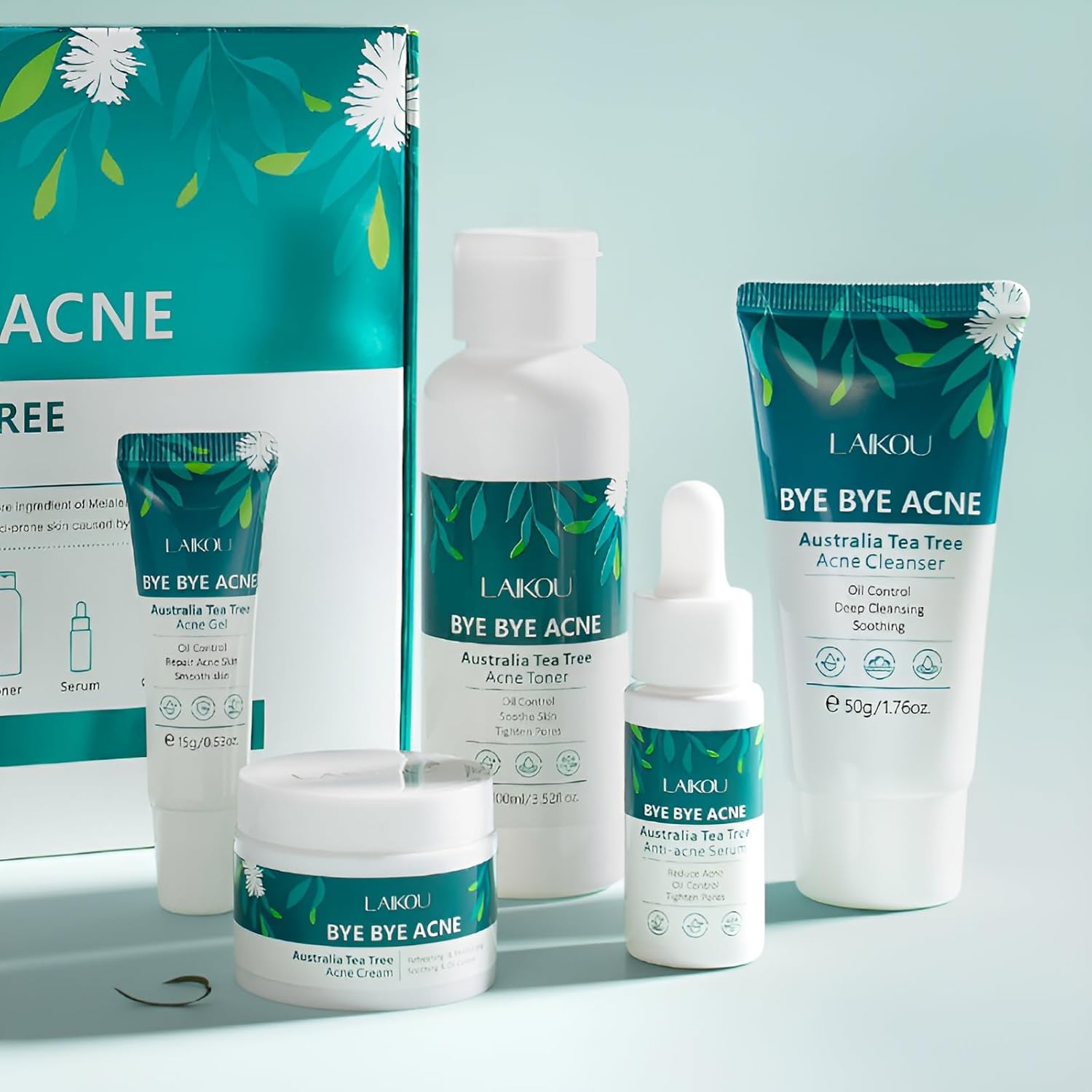 Huidverzorgingsset, 5 Stuks Tea Tree Skin Set, Huidverzorgingsproducten Kit met Reinigingsmiddel, Toner, Gezichtsserum, Oogcrème, Gezichtscrème