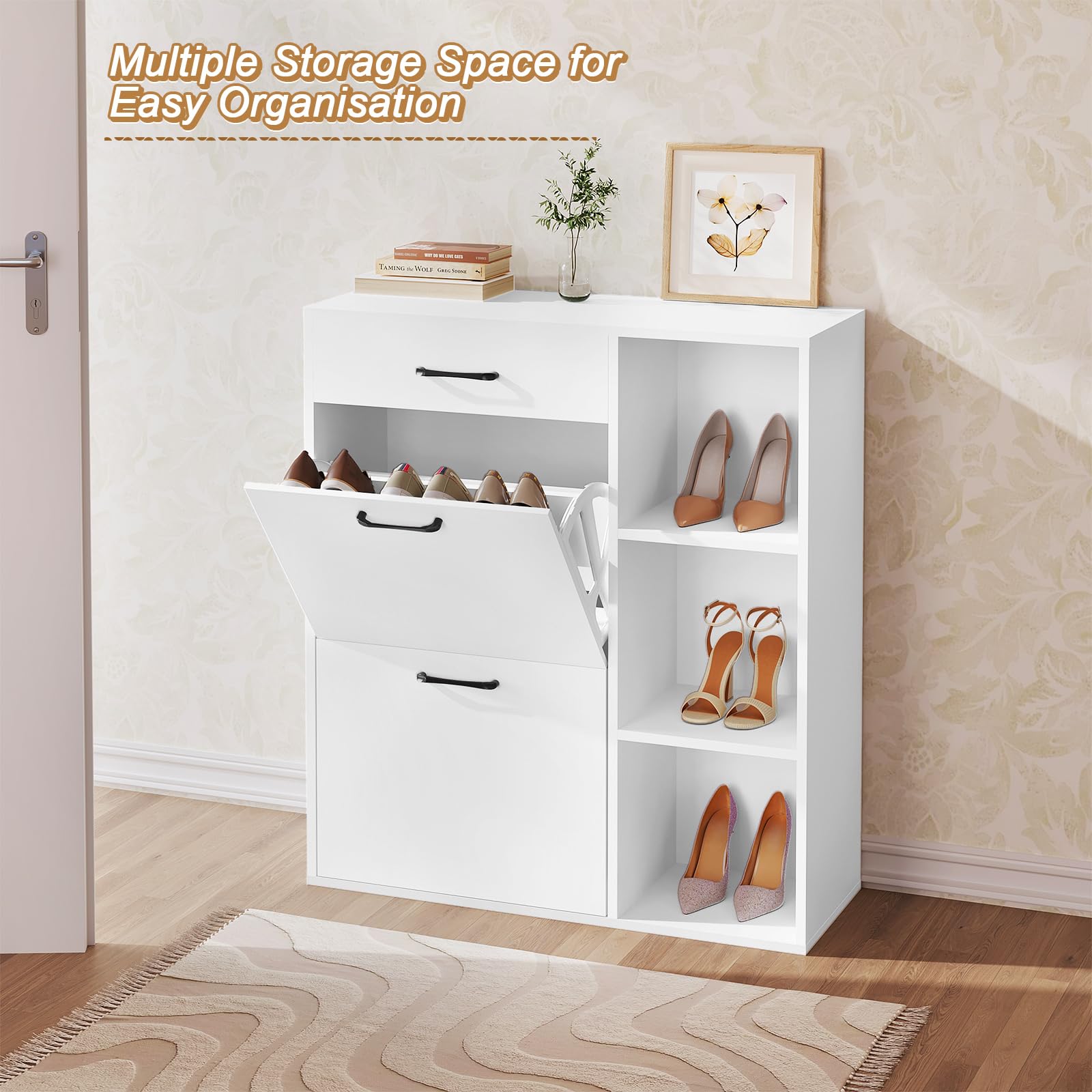 WOLTU Regał na buty uchylny z 3 składanymi półkami, organizer na buty, wąski, wysoki, z szufladą otwartymi półkami, zajmuje mało miejsca, wykonany z materiału drewnopochodnego, 80 x 90 x 30 cm, biały