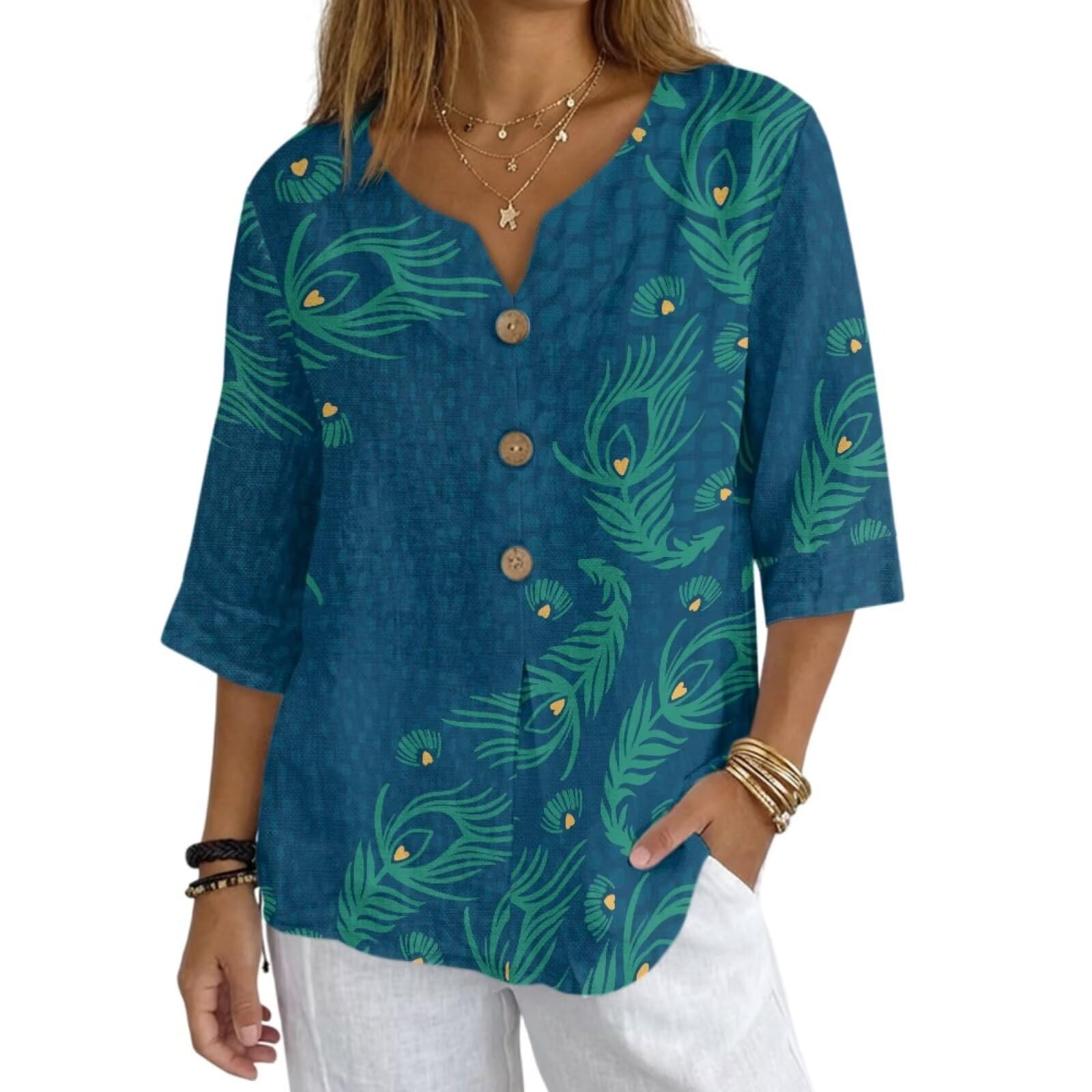 Women's V-Neck Tunic Top, Casual Polyester Linen Blouse with Decorative Buttons, Loose Fit Easy Care Everyday Wear