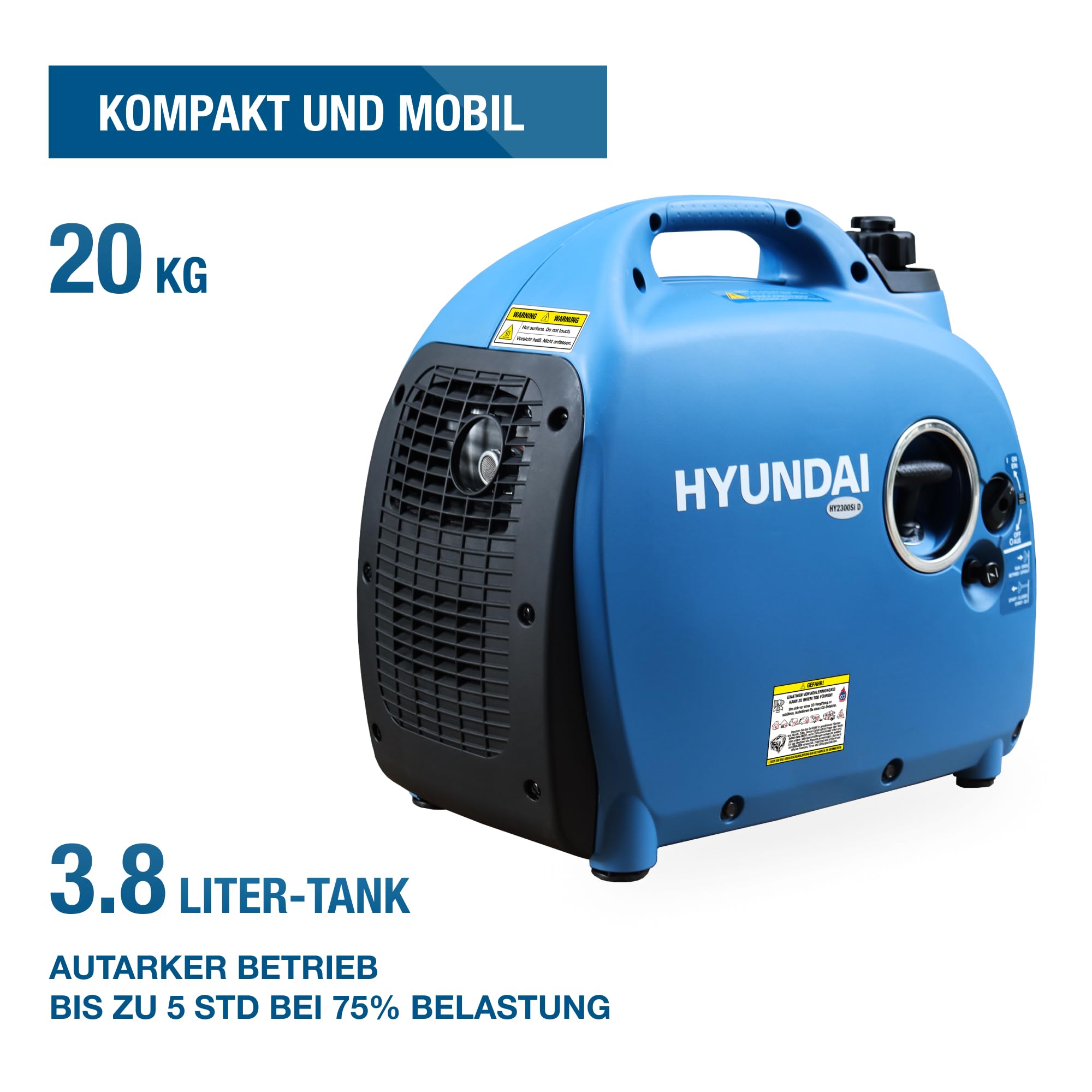 HYUNDAI Inverter Stromgenerator HY2300Si D | Stromerzeuger mit 2.2 kW max. Leistung, Benzin Notstromaggregat, leise, leicht und sparsam