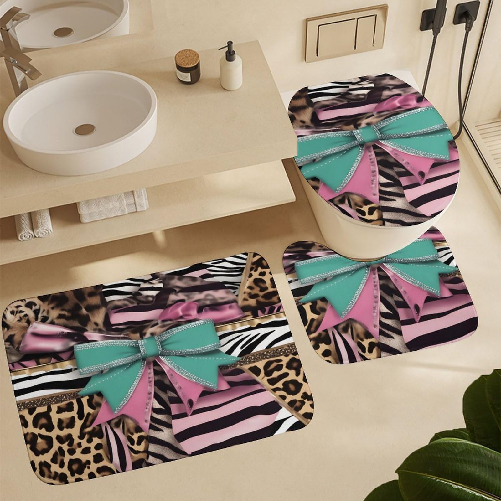 Set Bagno 4 Pezzi Leopardato Marrone Con Tenda, Tappeti E Accessori | Stampa Rose Blu E Floreale | Morbido Antiscivolo Per Decorazione Bagno