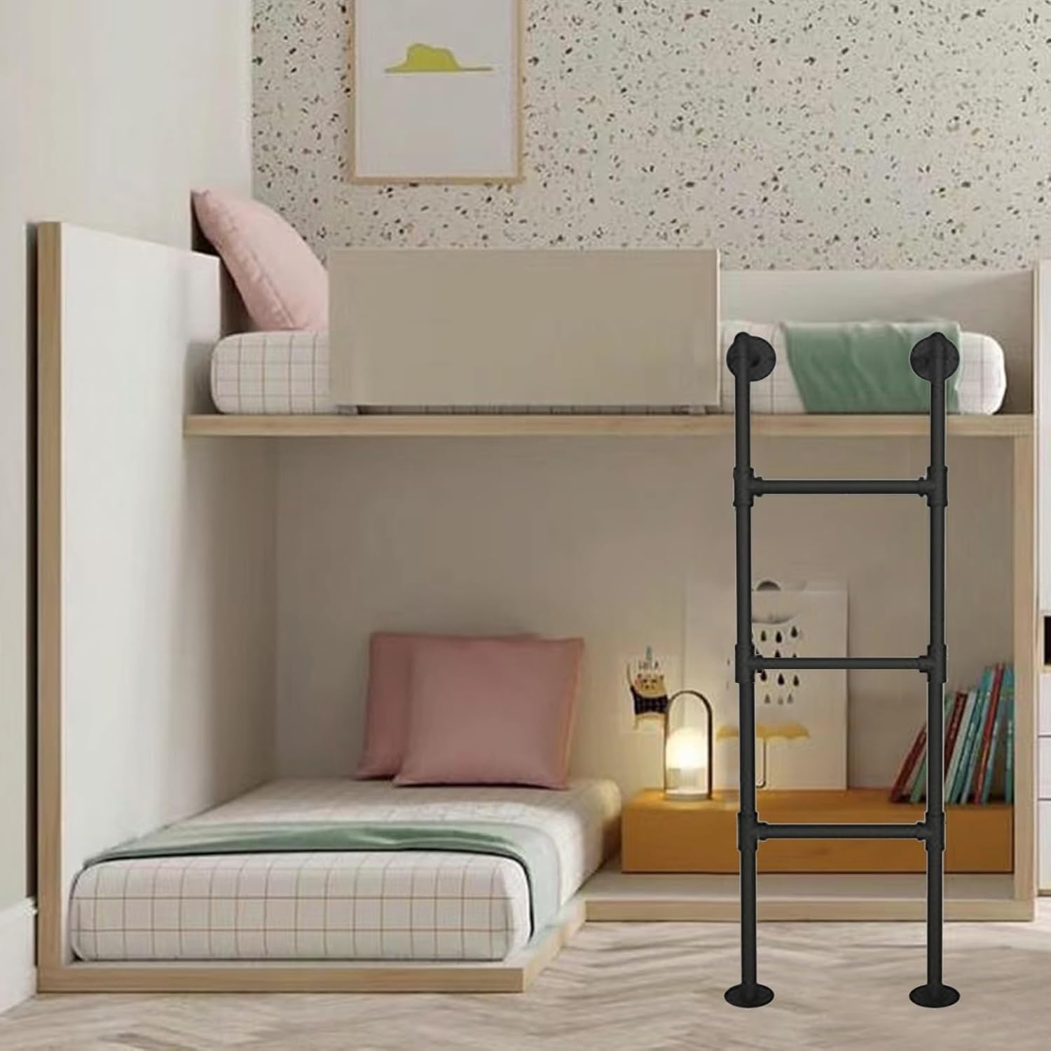 Heavy Duty Wall Mounted Basement Window Well Egress Ladder 195cm Safety Climbing Ladder for Bunk Bed or Entrance Black Metal Iron Tube Adjustable Height 100 300cm