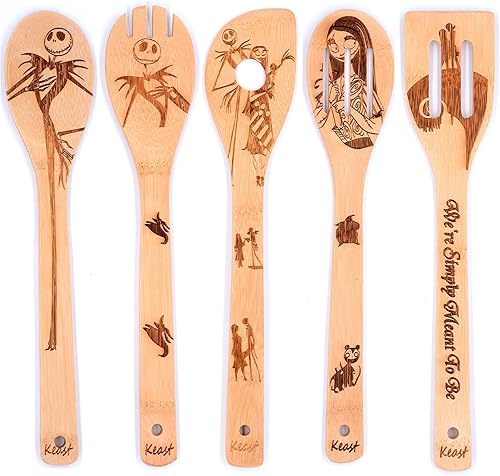 Miniatura 2 de Keast Juego de 5 cucharas de espátula de bambú, espátulas y cucharas antiadherentes de Pesadilla y Navidad, decoración de Navidad, juego