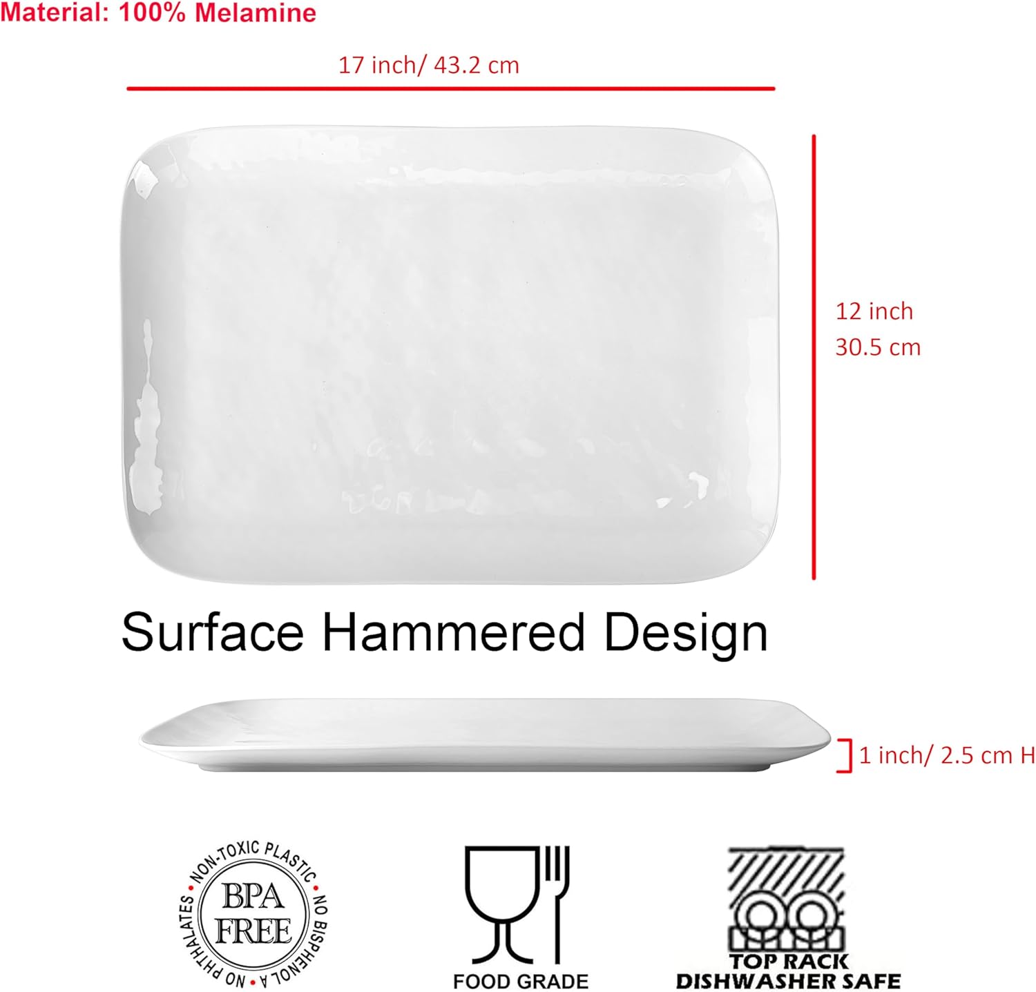 KX-WARE White Melamine Serving Trays (Set of 2) 17” x 12” | Large Reusable Rectangular Party Platters | Serve Appetizers, Fruit, Veggies, & Desserts | BPA-Free & Dishwasher Safe - Image 2