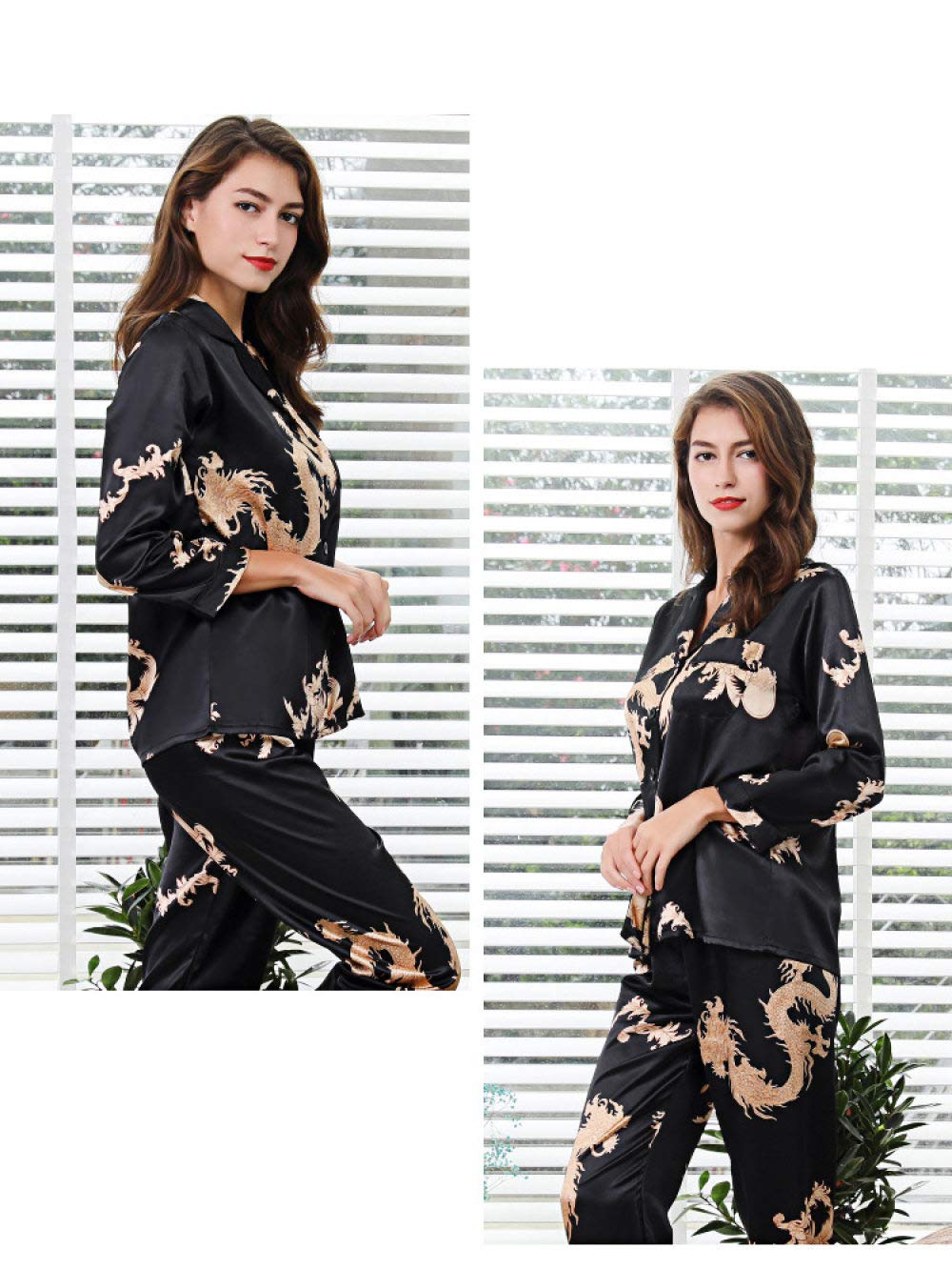 Pyjama Satin Femme,Ensemble De Pyjamas En Satin De Soie Pour Femmes 2Pcs Pantalons À Manches Longues De Style Chinois Nouvel An Dragon Print Vêtements De Nuit Pour Hommes Pyjamas Pour Couples (Noir