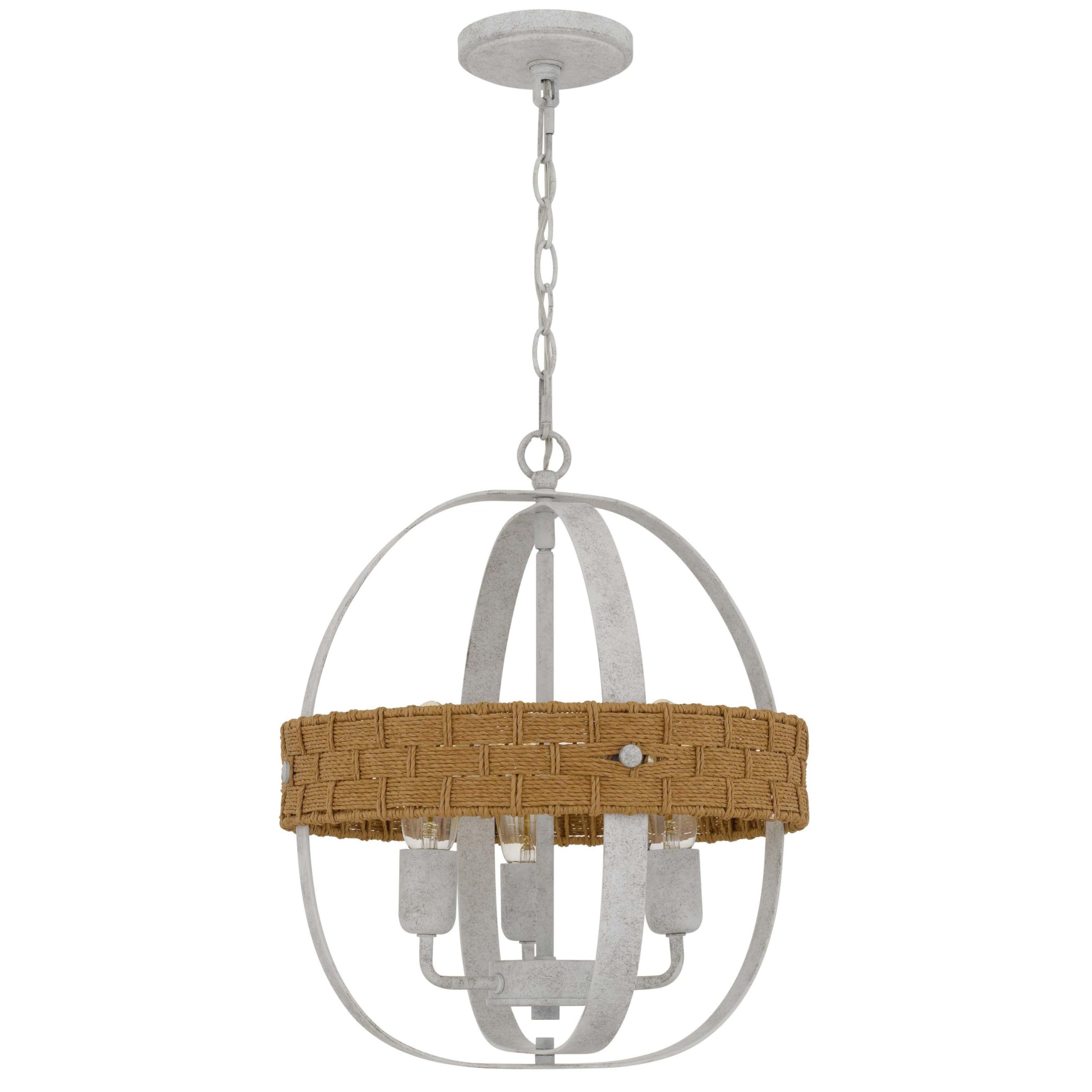 Benjara Baty Chandelier, 3 Light Rustic Rattan, Round White Metal 18 Inch
