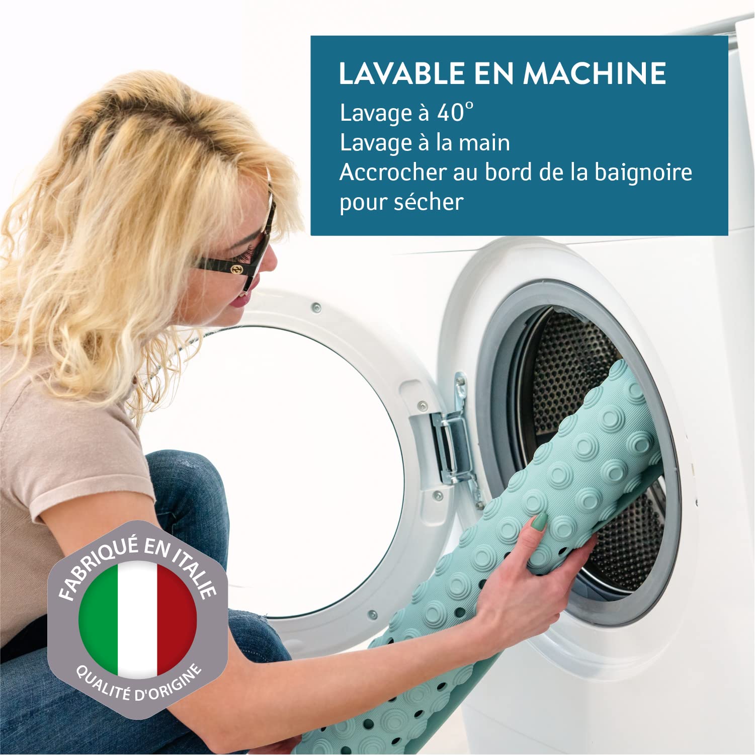 Tatkraft Detail - Tapis de Douche Antidérapant - 60x60cm - Tapis de Bain Caoutchouc Carré - 134 Ventouses - Sans BPA - Antifongique et Antibactérien - Pour Enfants et Sénior - Qualité Italienne - Bleu
