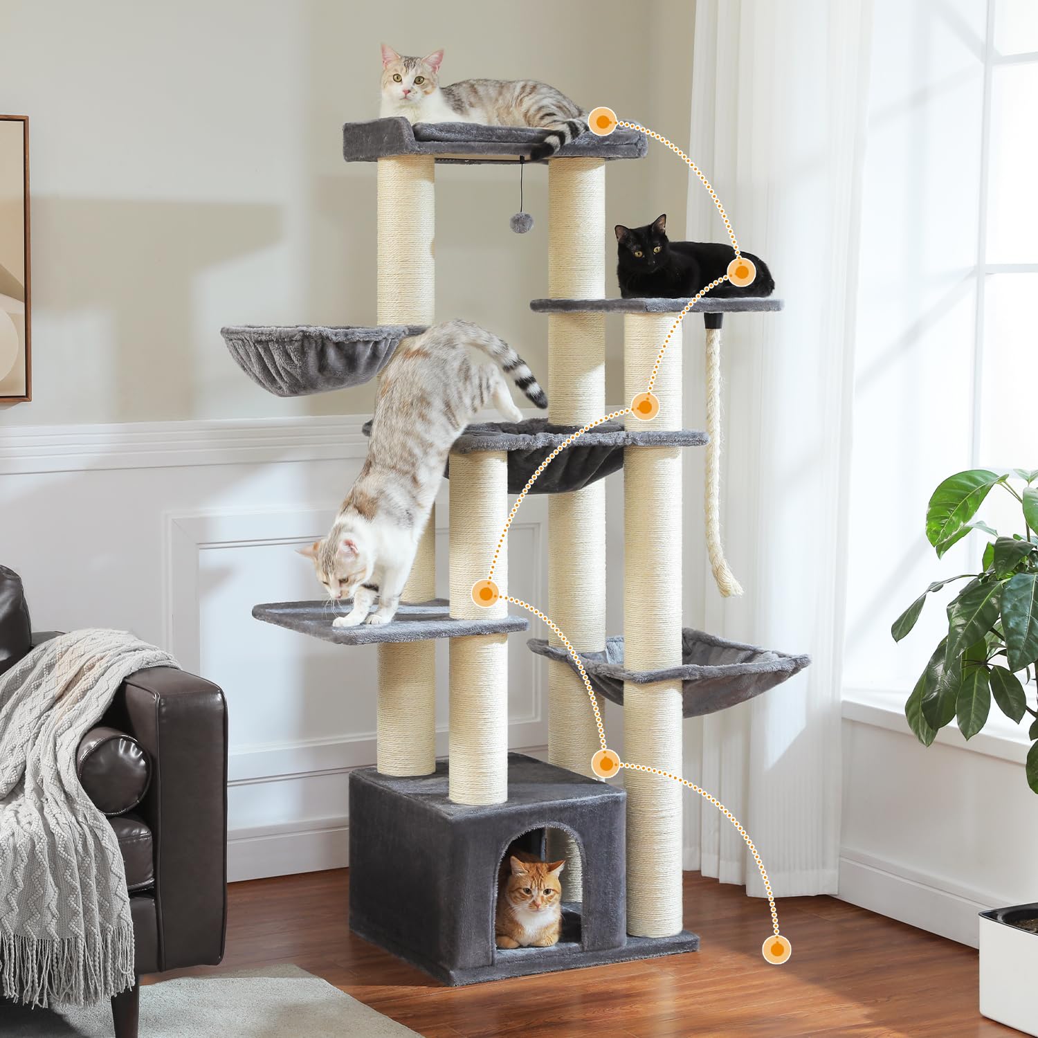 PAWZ Road Tiragraffi per gatti di grandi dimensioni, stabile con più livelli, amaca, 13 pali in sisalp (φ11 cm), grande sella, grotta, cestini, albero tiragraffi XXL, 170 cm, grigio