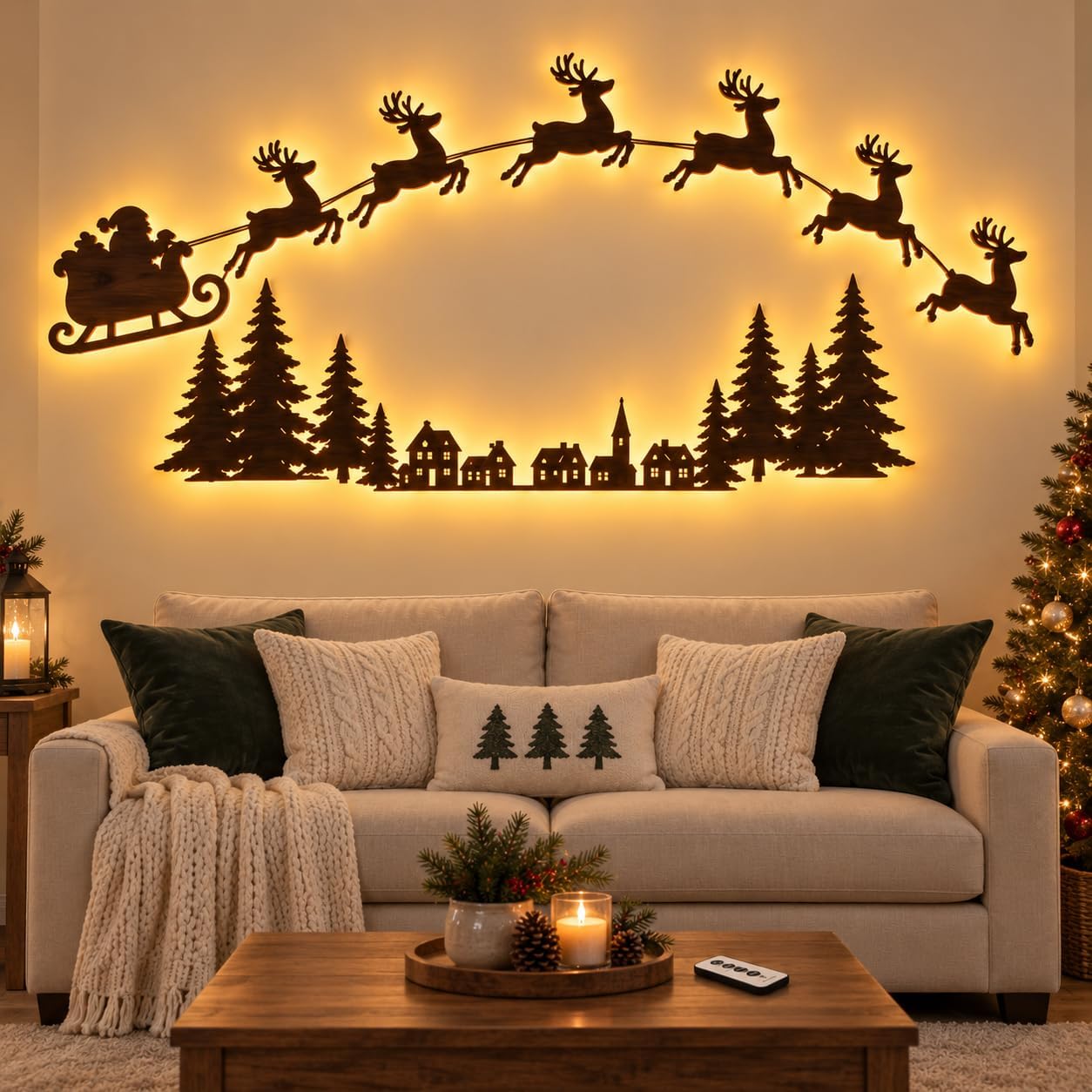 Lighted Santa Sleigh Reindeer Christmas Wall Decor with Remote, Warm White Wall Display with Santa Sleigh, 6 Reindeer and Forest Village Scene, for Indoor Christmas Decorating-01