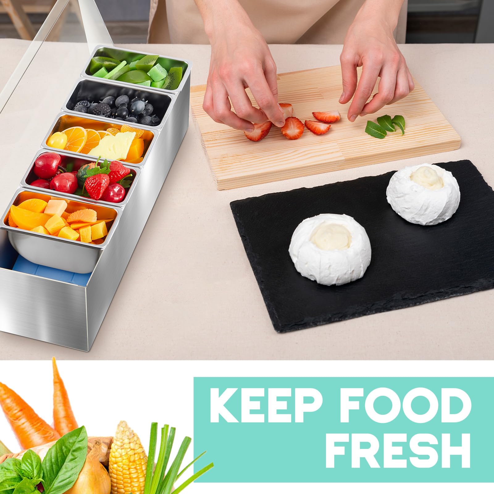 Boao Dispensador de condimentos de acero inoxidable con tapa e inferior, bandeja de condimentos de acero inoxidable de 6 ranuras, bandeja de guarnición enfriada por hielo con 4 cajas de hielo para