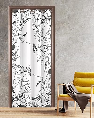 Miniatura 1 de Cortinas opacas para puerta con diseño de mariposas y flores blancas y negras, cortinas de puerta con diseño botánico de primavera para dormitorio,