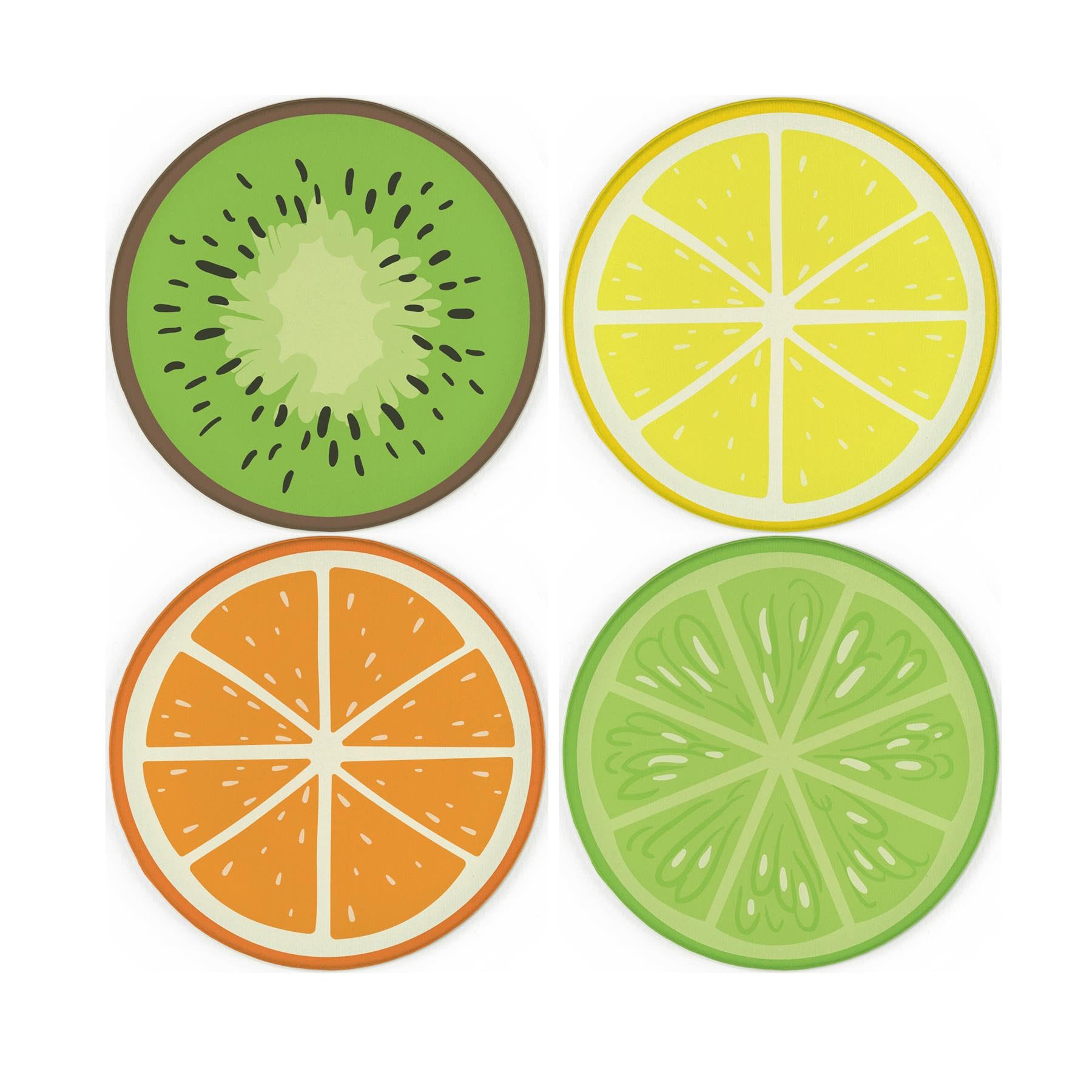 Citrus Fruits Glass Coaster Set - Colourful Lemon Lime Orange Kiwi Food Themed Gifts - Set of Four (4) Round Drinks Coasters