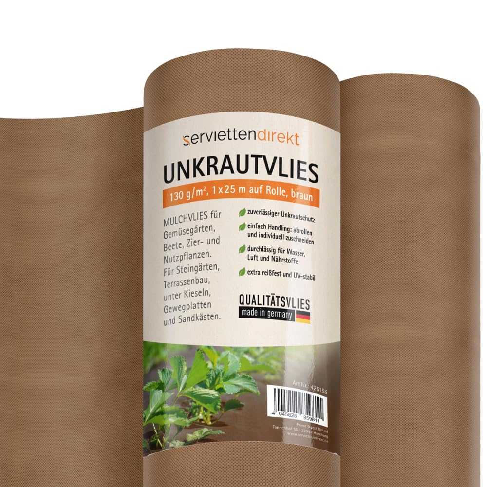 Gartenvlies Unkrautvlies Mulchvlies auf Rolle, 1 m x 25 m aus PP Vlies 130g/m² in braun, Gartenfolie atmungsaktiv & wasserdurchlässig UV-stabil
