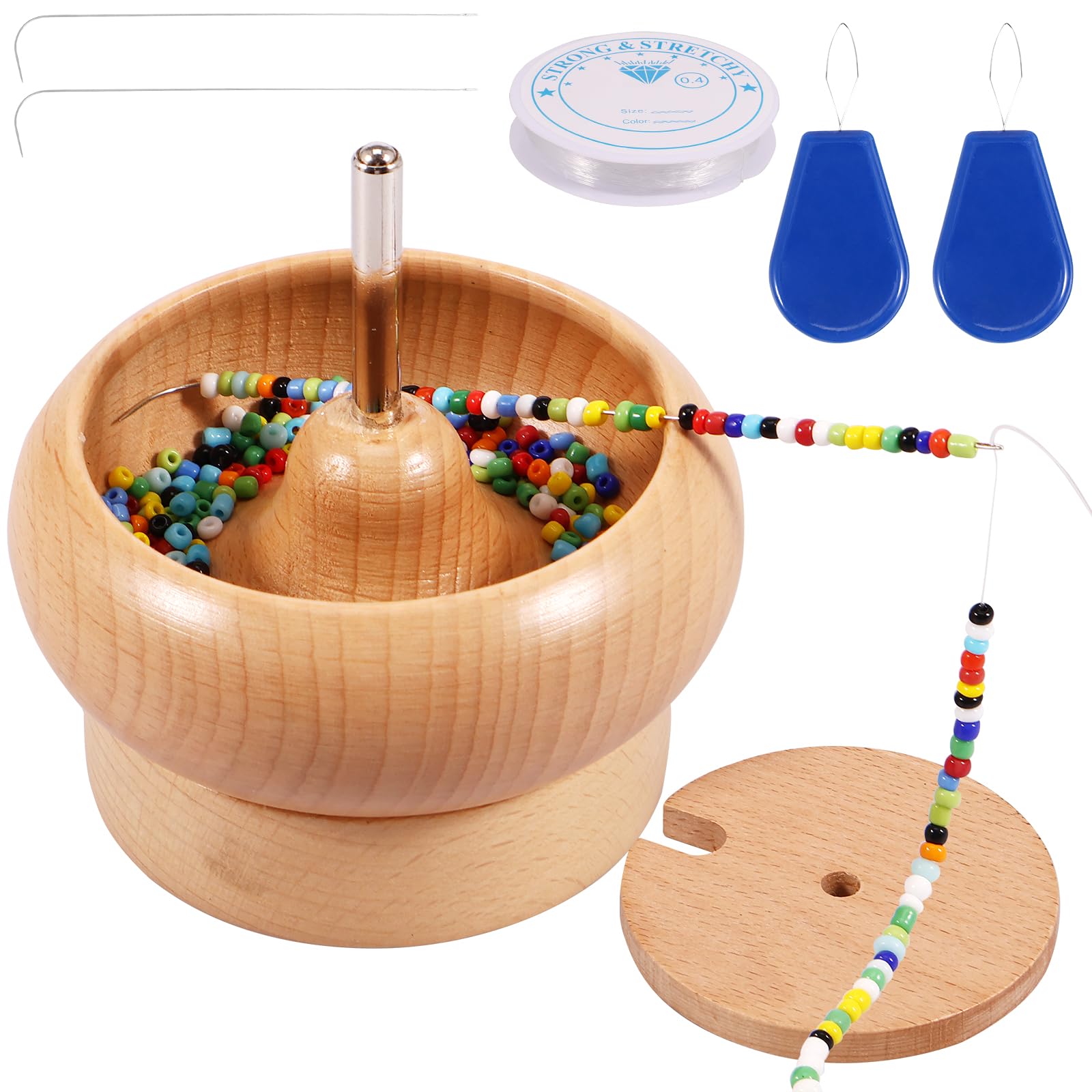 Sutowe Wood Sutow Bead Spinner With Lid, Manual Portable Bead Making Spinner With 2 Beading Needles 500 Color Beads Effort-Saving Spin Beading Bowl For Diy Craft Jewelry
