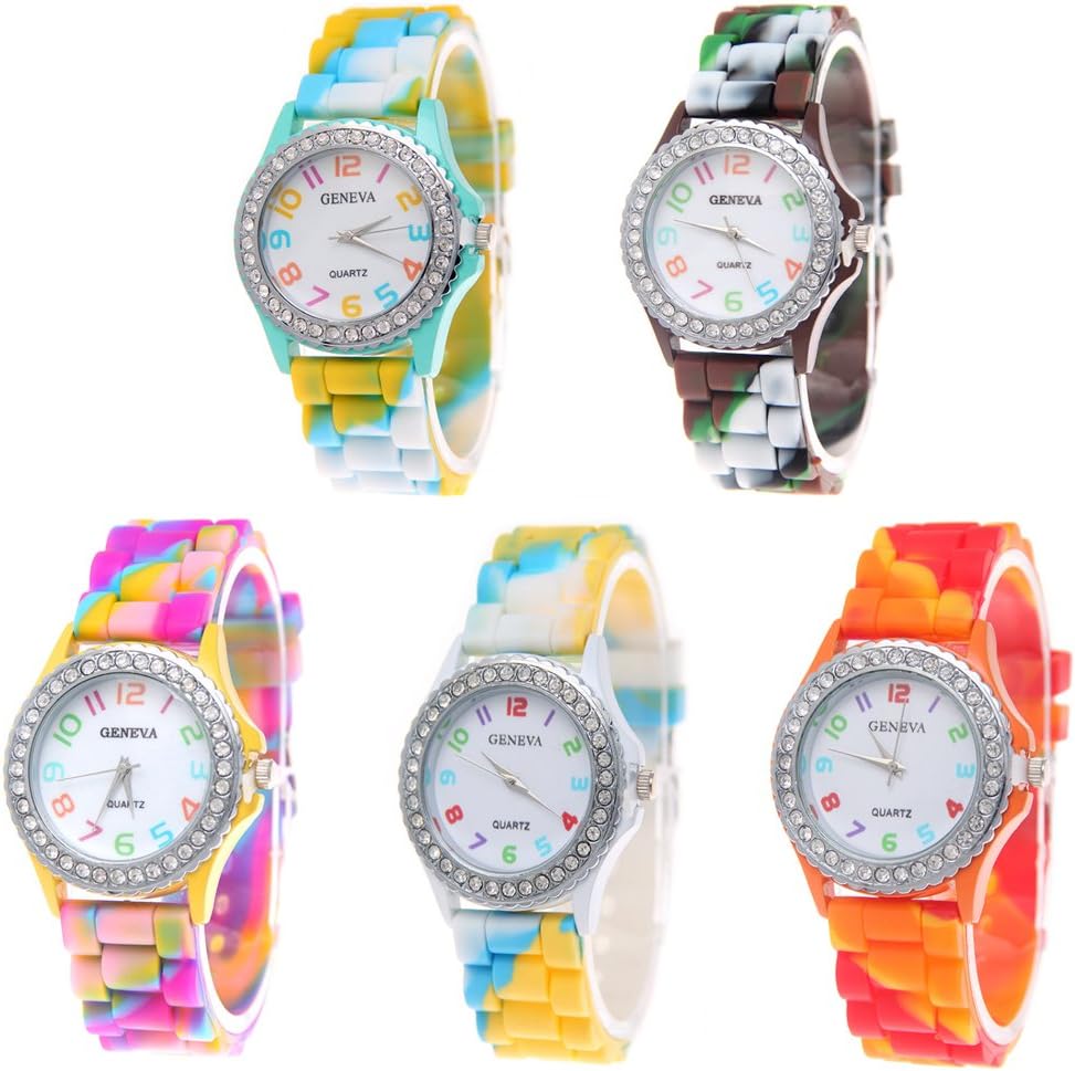 5 Pack Rhinestone Colorful Silicone Jelly Wristwatches for Women Wholesale Watch Set