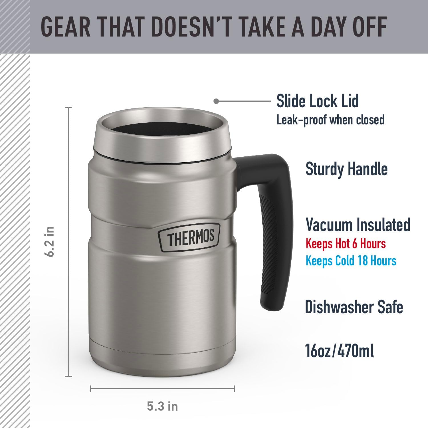 Thermos Stainless King 16 Ounce Coffee Desk Mug, Matte Steel - Image 2
