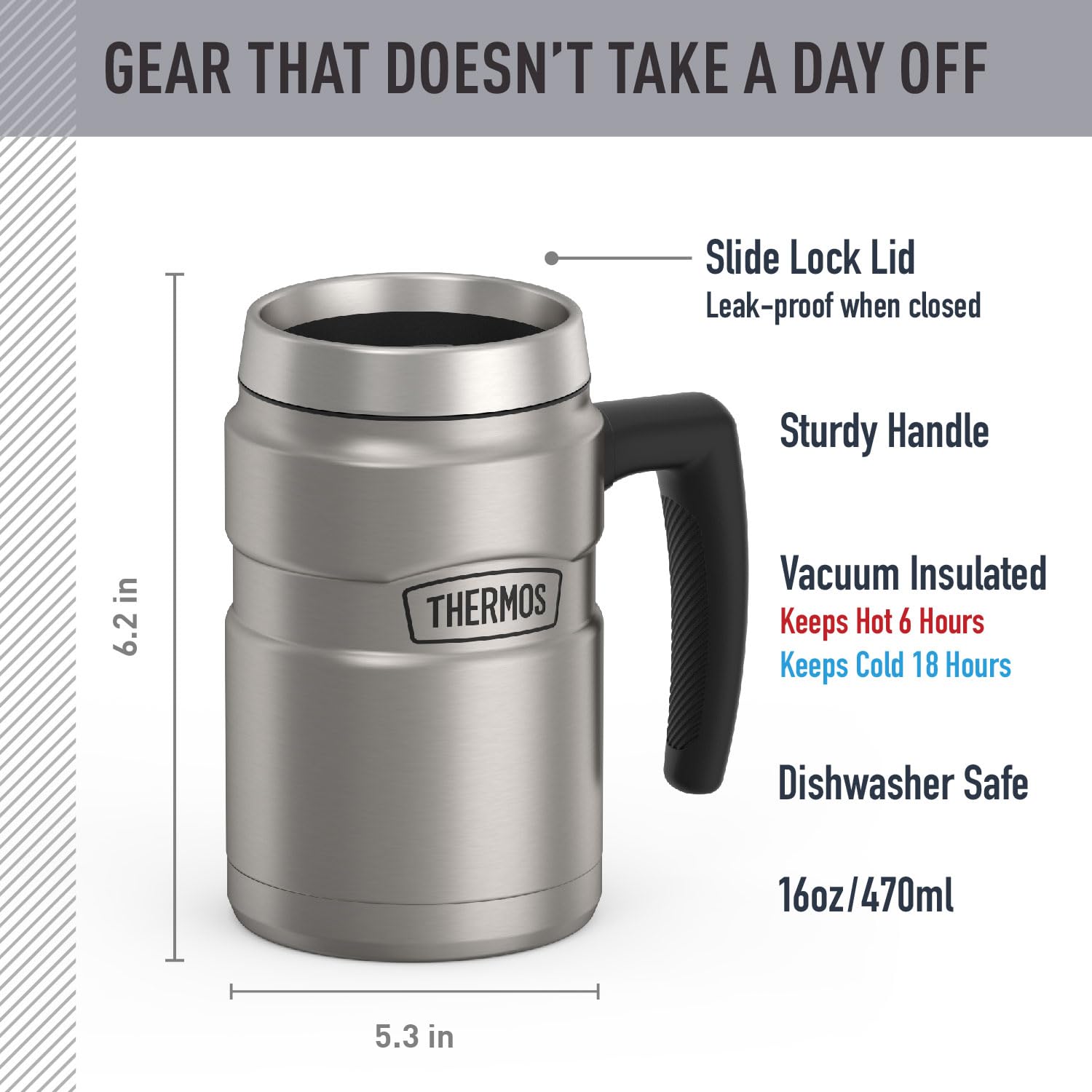 Thermos Taza de café Inoxidable King de 16 onzas Escritorio, Acero Mate