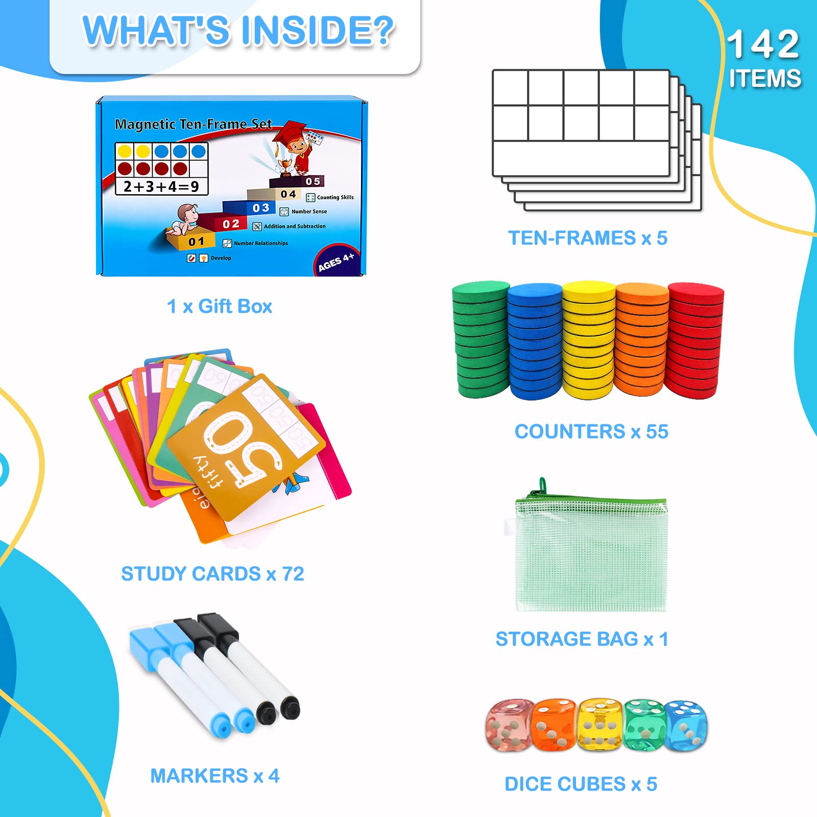 Magnetic Ten-Frame Set Math Manipulatives 142pcs Kit, 5 Frames + 55  Magnetic Math Counters + 5 Dice + 72 Math Flash Cards + 4 Markers, Math  Games for Home, Kindergarten Classroom, Teachers Elementary : Toys & Games  - Amazon.com