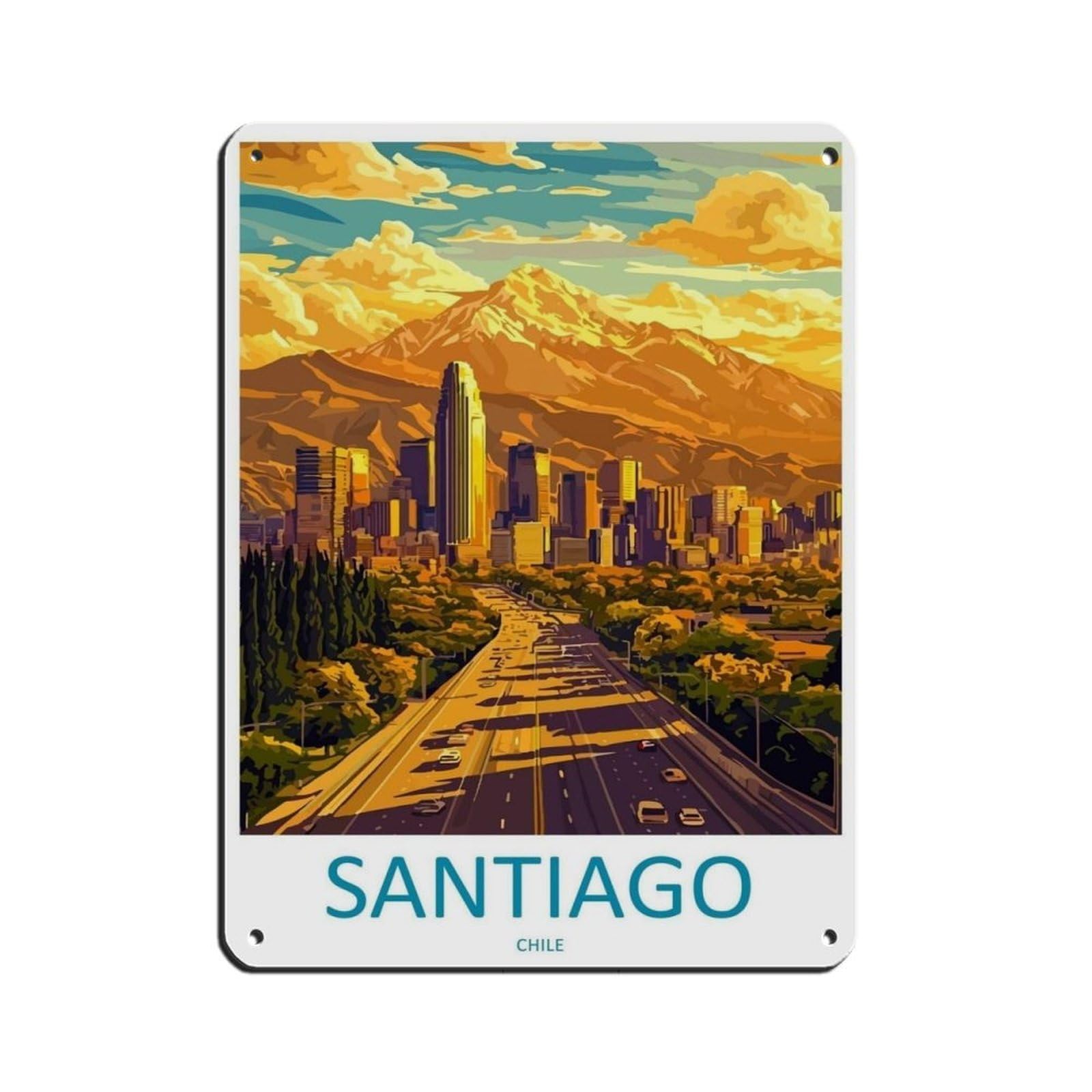 Santiago Chile Cartoon Travel Poster Retro Poster Metal Tin Sign Chic Art Retro Iron Painting Bar People Cave Cafe Family Garage Poster Wall Decoration 12x16inch(30x40cm)