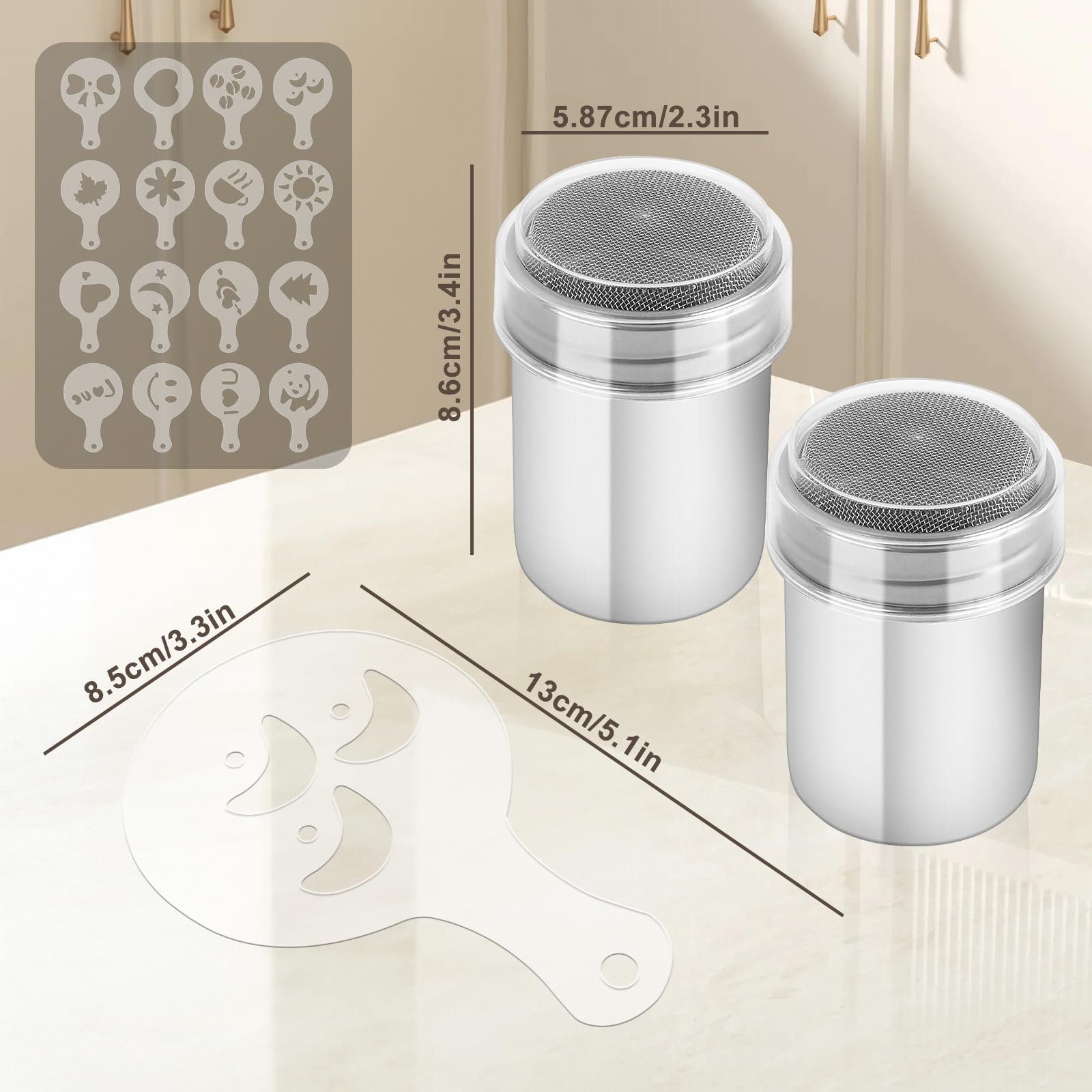 2 szt. Shaker do proszku ze stali nierdzewnej - Shaker z siatki do kakao, kawy, cappuccino - z pokrywką na czekoladę, rozpraszacz do cukru