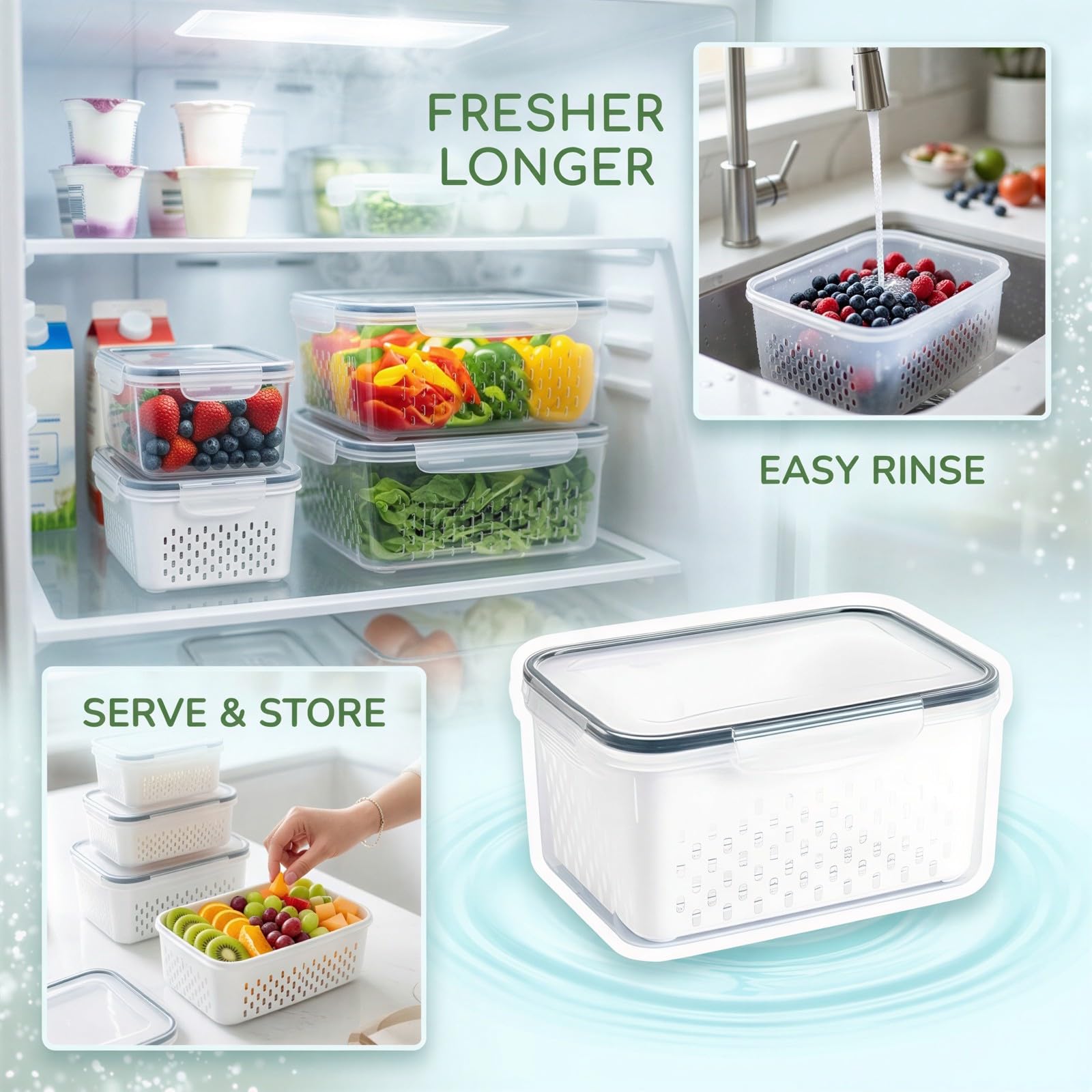 3 Stk. Frischhaltedosen für Obst für den Kühlschrank, transparente Kunststoffboxen mit auslaufsicherem, abnehmbarem Abtropfsieb, luftdichten 4-Klapp-Deckeln, für Beeren und Gemüse, S, M, L