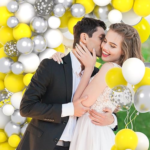 Miniatura 4 de Kit de guirnalda de globos amarillos y blancos, 122 globos blancos y amarillos, globos de confeti plateados metálicos para parrillas de limón