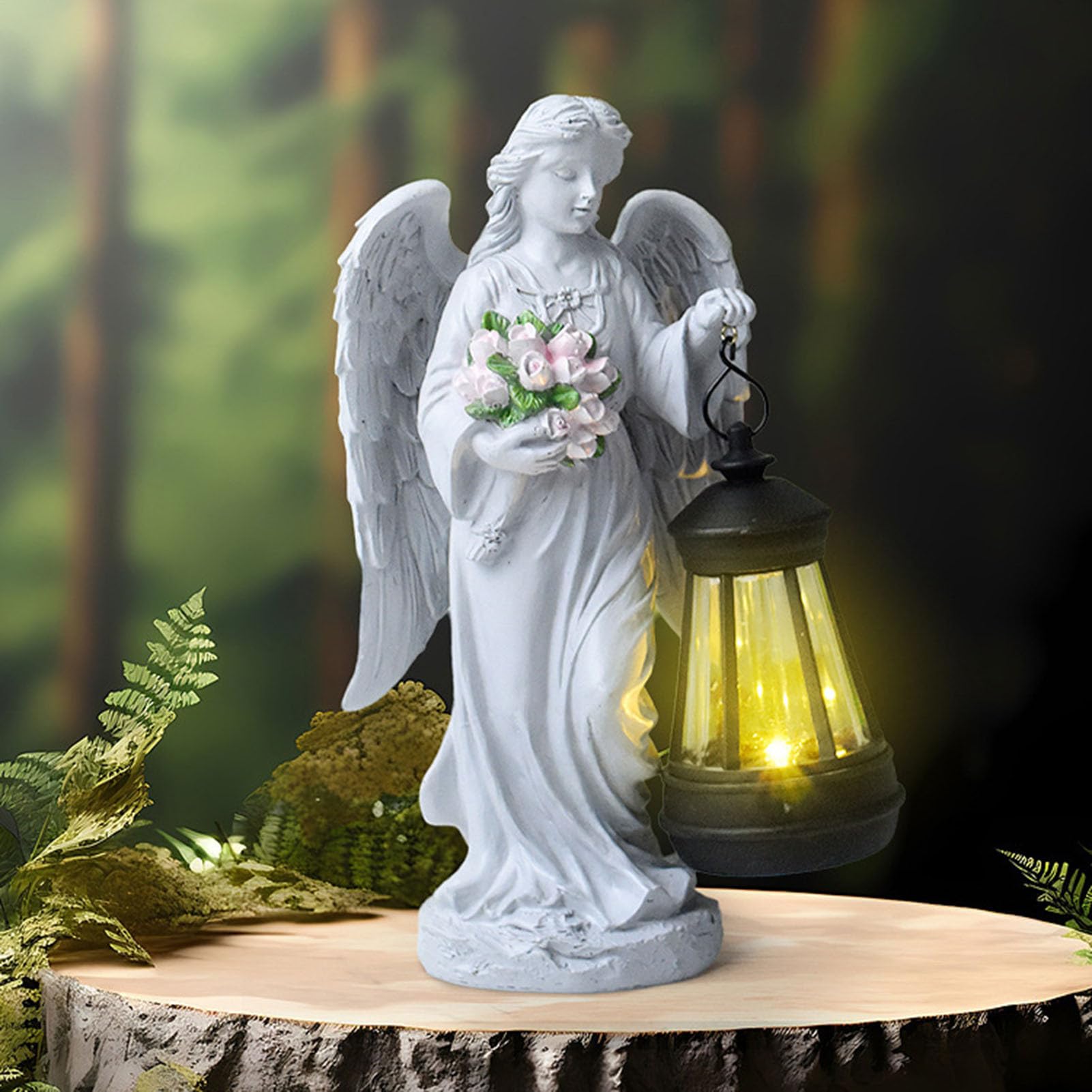 Genérico Solar Garden Angel, Resin Memorial Figurka, Outdoor Yard Ornament, 9 x 5,5 x 2,7 Light-Up Decorative Statue with Flower Accent, Idealny na patio, ganek, cmentarz i spacer