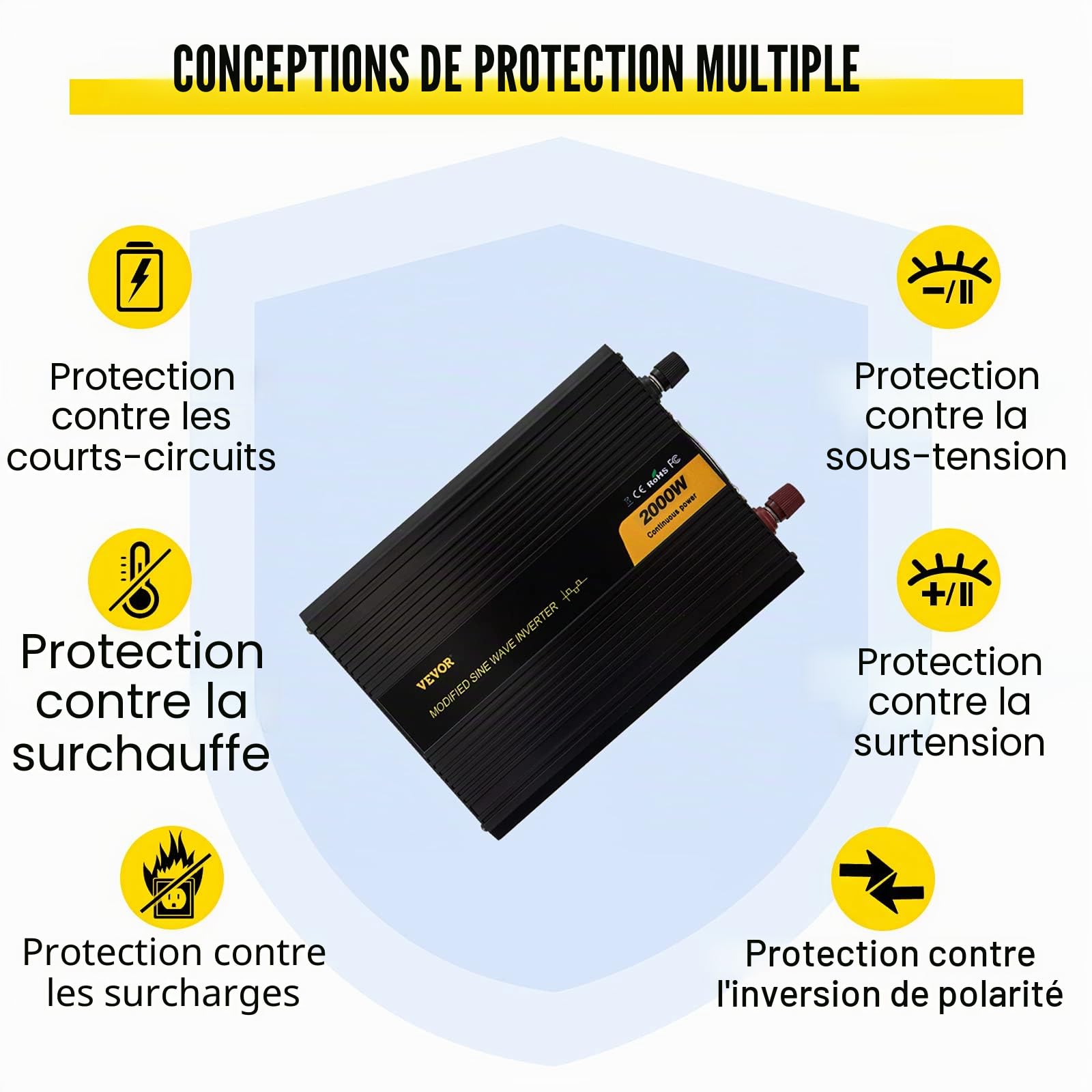 VEVOR Onduleur à Onde Sinusoïdale Modifiée, 2000 W DC 24 V à AC 240 V Onduleur en Alliage d'Aluminium avec Télécommande, Transformateur de Tension pour Appareil Électriques Voiture Ordinateur