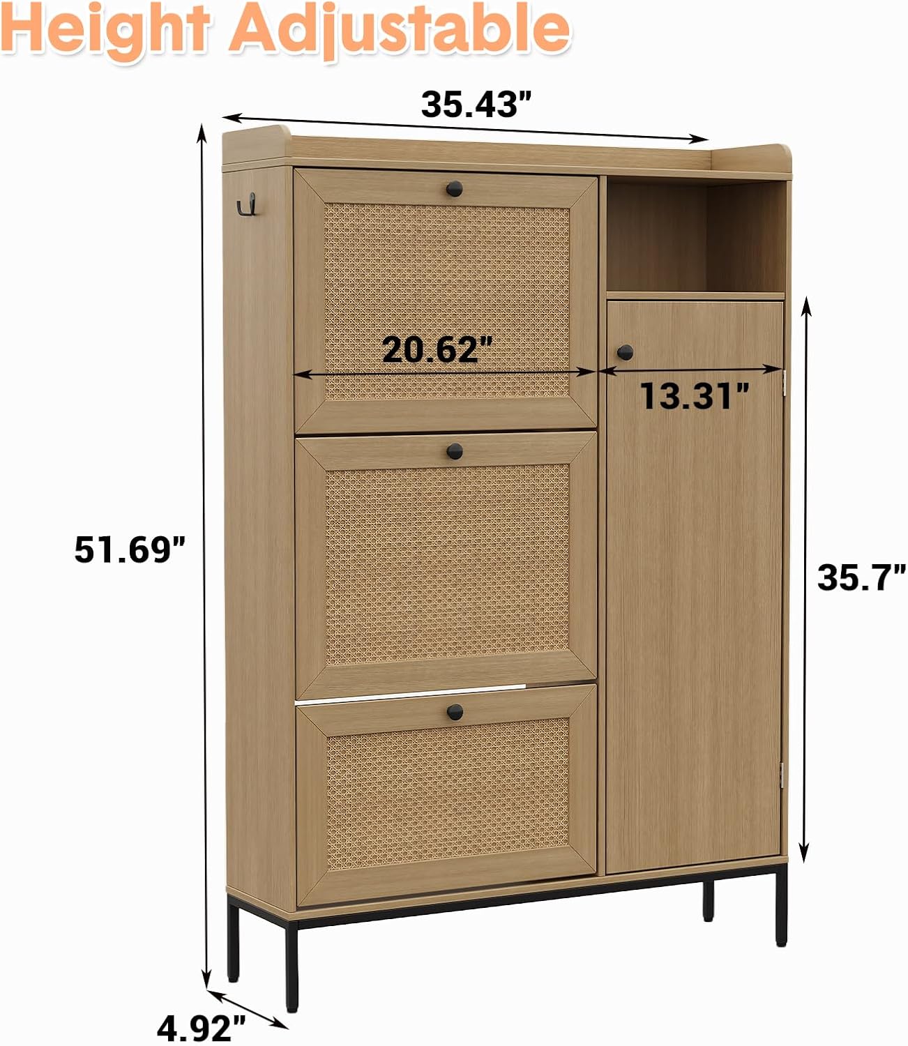Rattan Shoe Cabinet, 3-Tier Flip Drawer Shoe Storage Cabinet with Adjustable Shelves, Narrow Entryway Shoe Organizer for Bedroom, Wood Shoe Cabinet with Metal Legs Hooks & Top Fence, Natural Wood