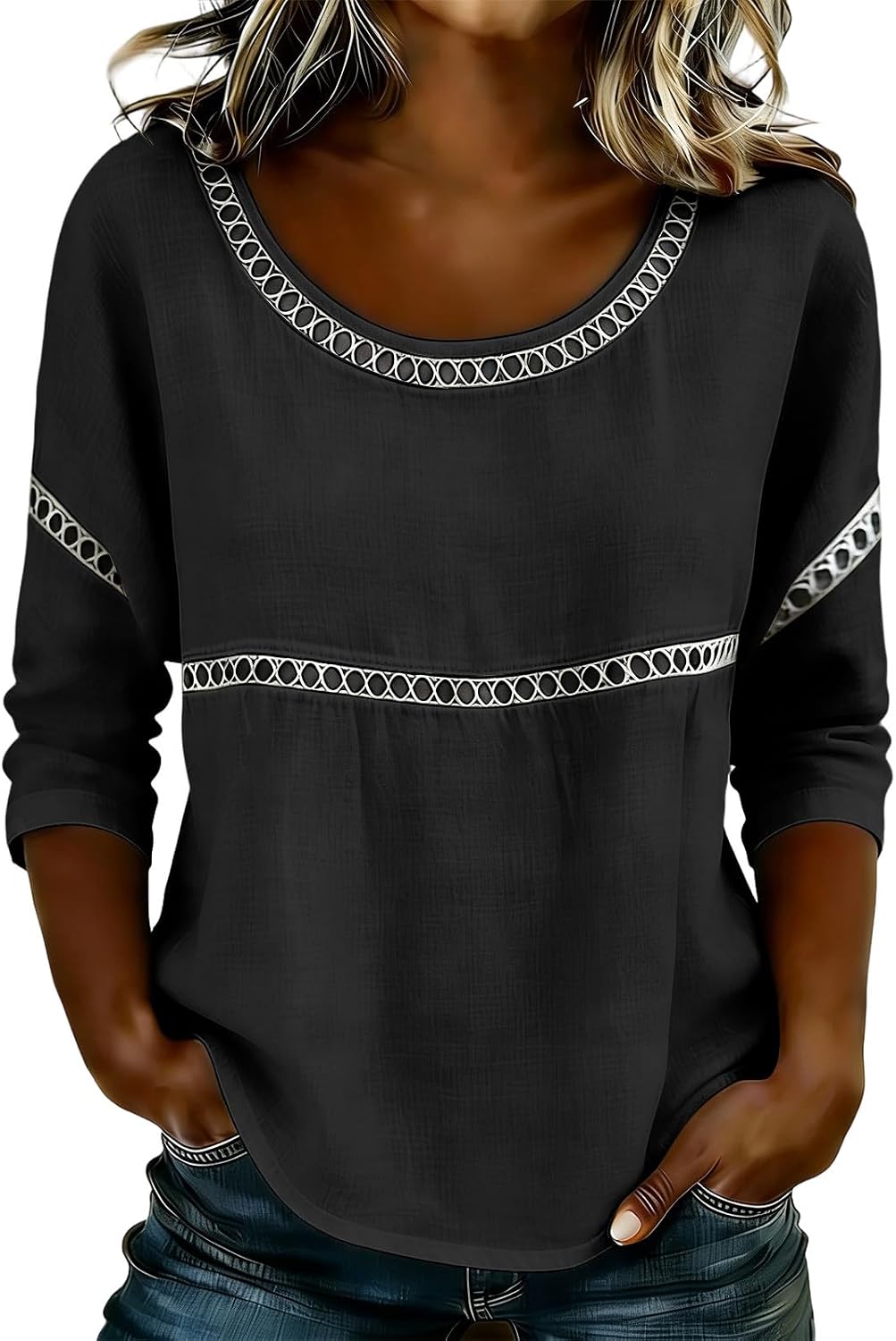 3/4 Length Sleeve Womens Tops Round Neck Shirts Trendy Striped Blouses Dressy Casual Beach Vacation Clothes